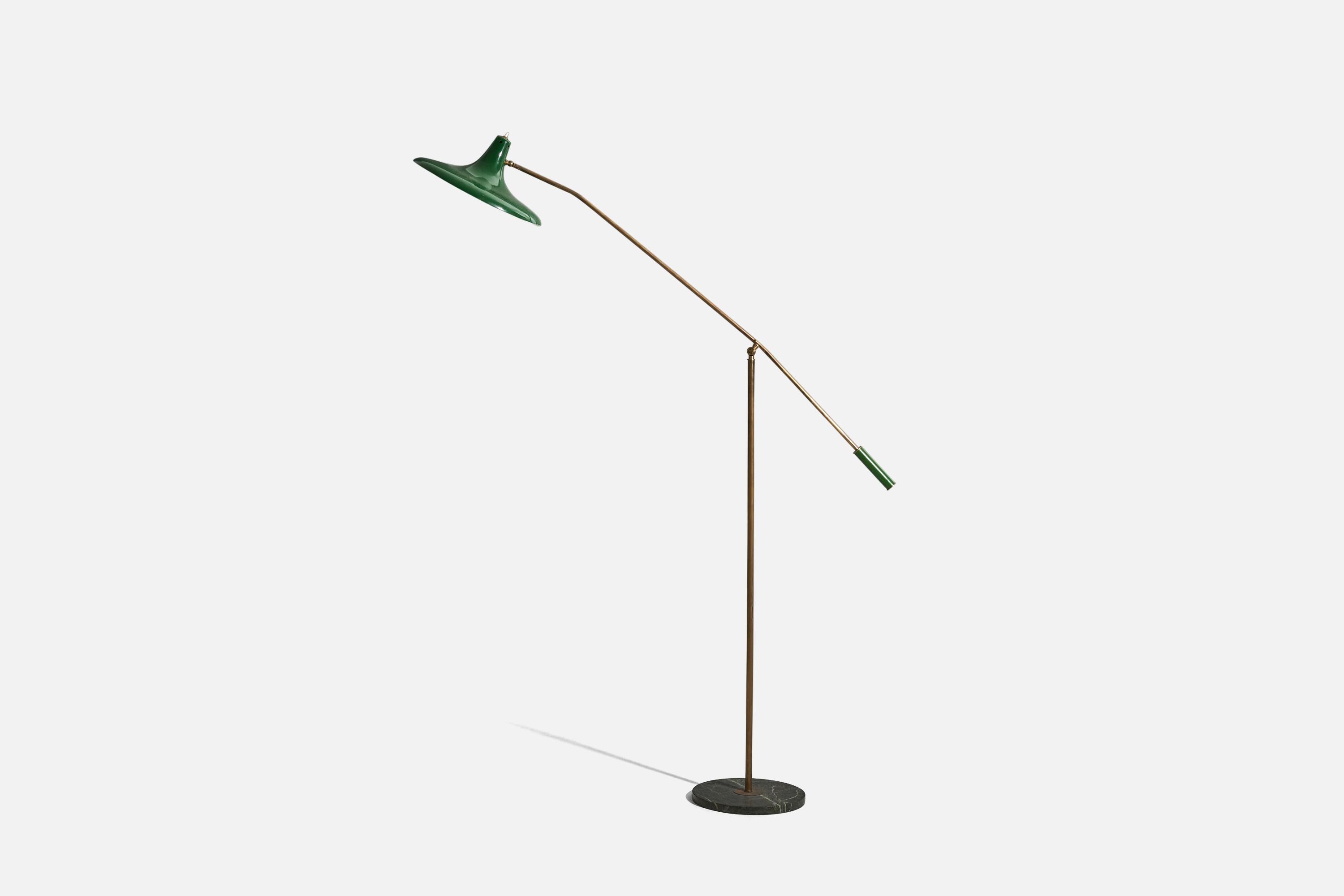 A brass, metal and marble floor lamp designed and produced by an Italian designer, Italy, 1950s.

Variable dimensions, measured as illustrated in the first image.