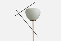Italian Designer, Floor Lamp, Brass, Metal, Travertine, Glass, Italy, 1950s