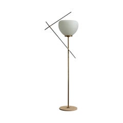 Italian Designer, Floor Lamp, Brass, Metal, Travertine, Glass, Italy, 1950s