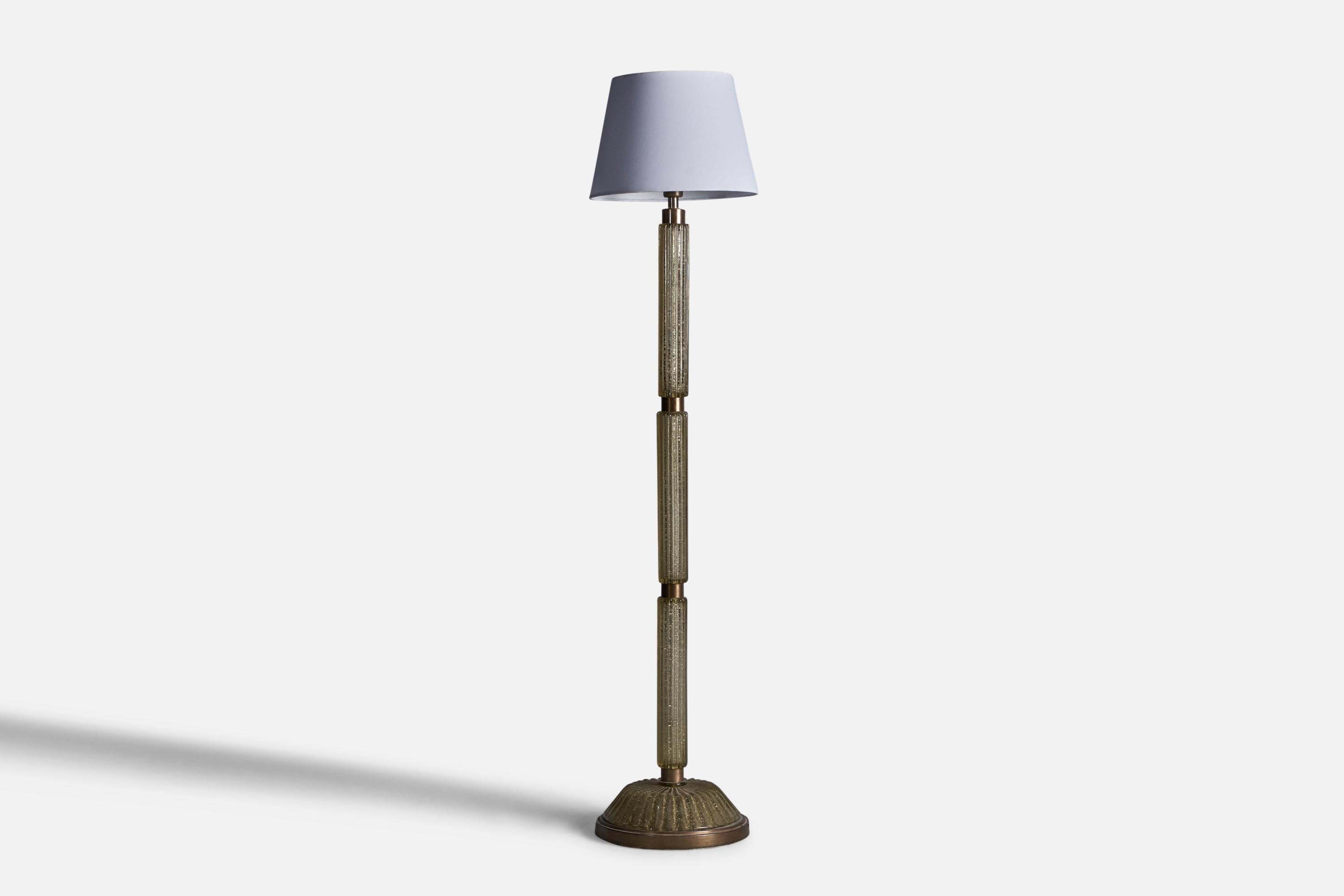 A brass, Murano glass and white fabric floor lamp, designed and produced in Italy, c. 1930s.

Overall Dimensions: 64.25