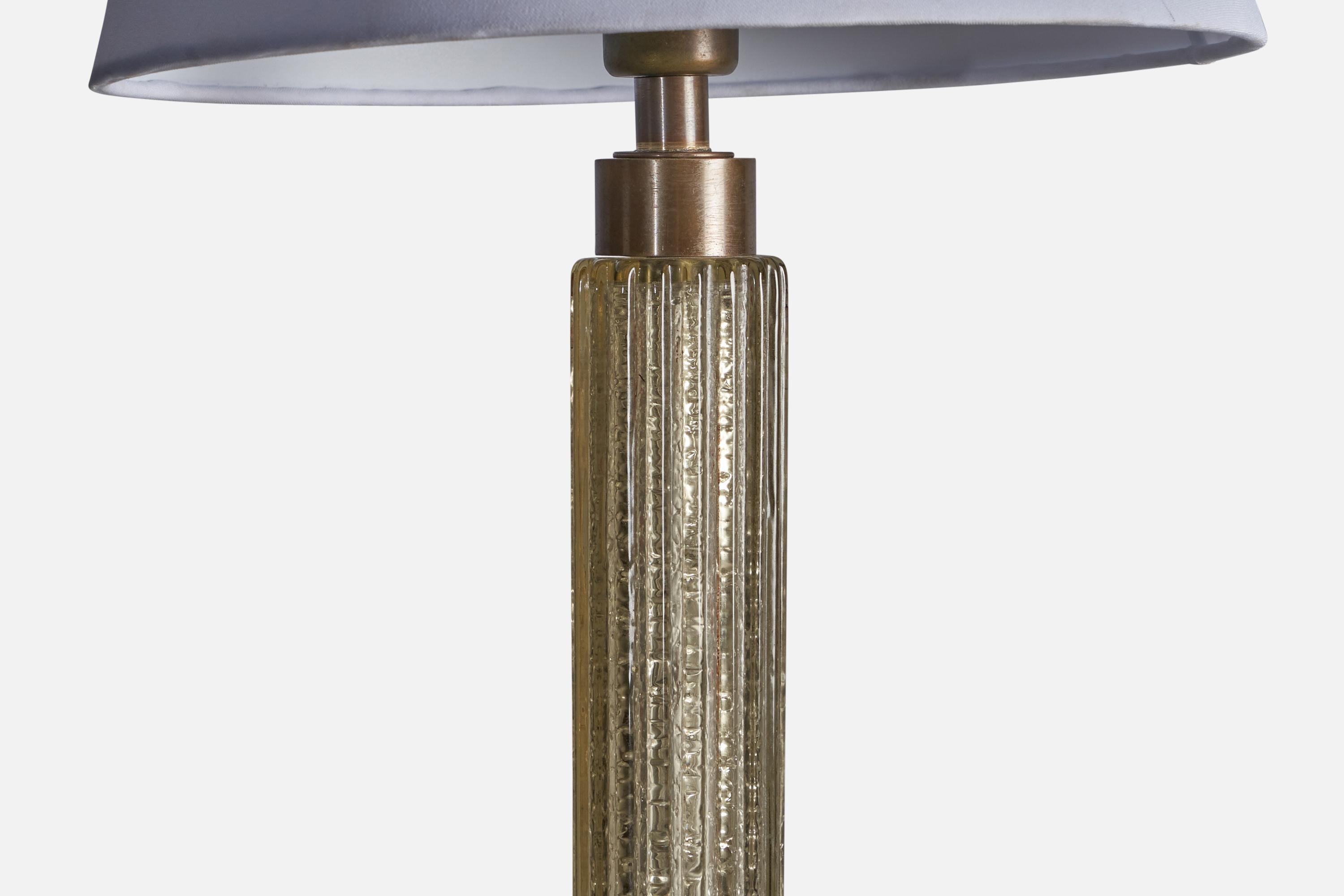Modern Italian Designer, Floor Lamp, Brass, Murano Glass, Fabric, 1930s For Sale