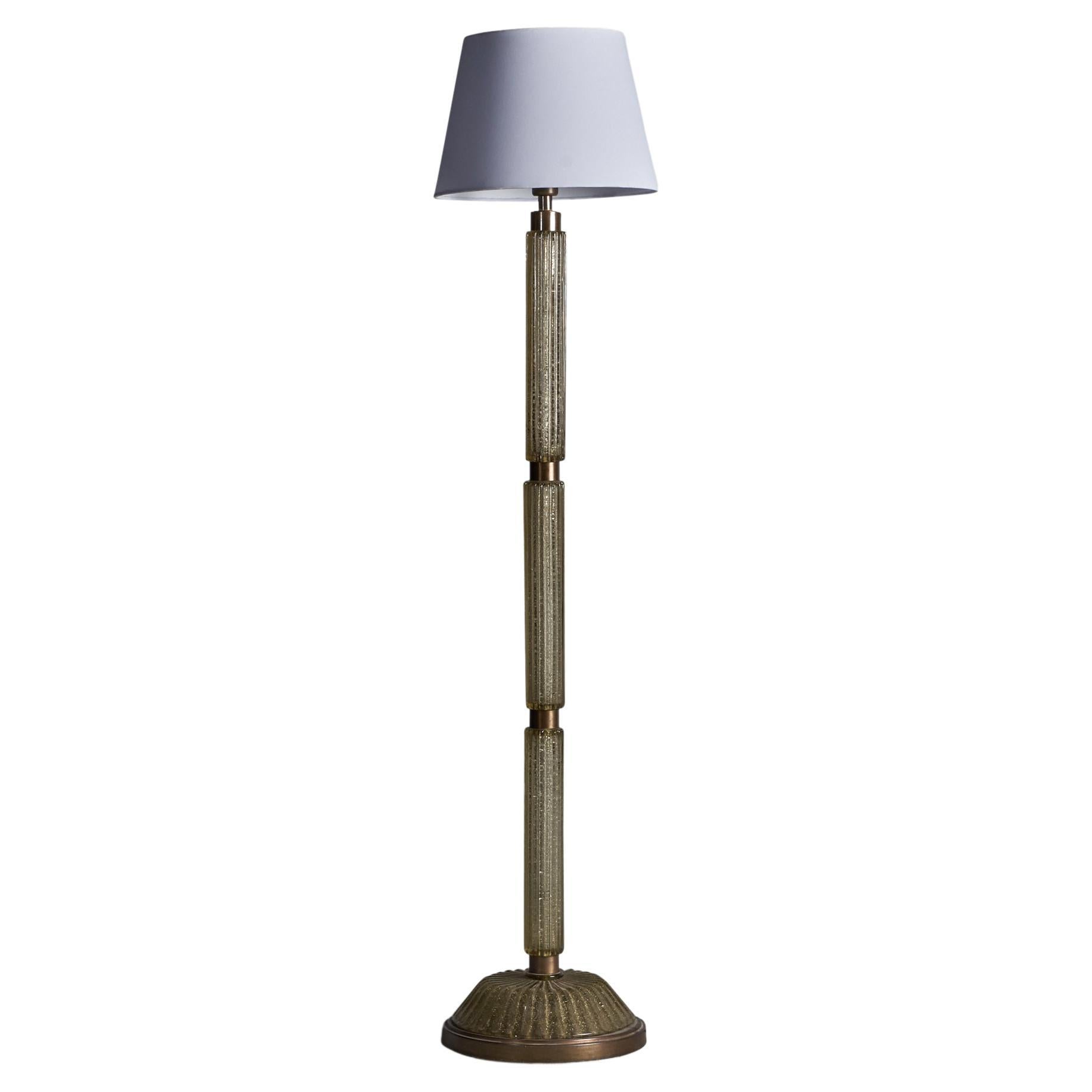 Italian Designer, Floor Lamp, Brass, Murano Glass, Fabric, 1930s For Sale