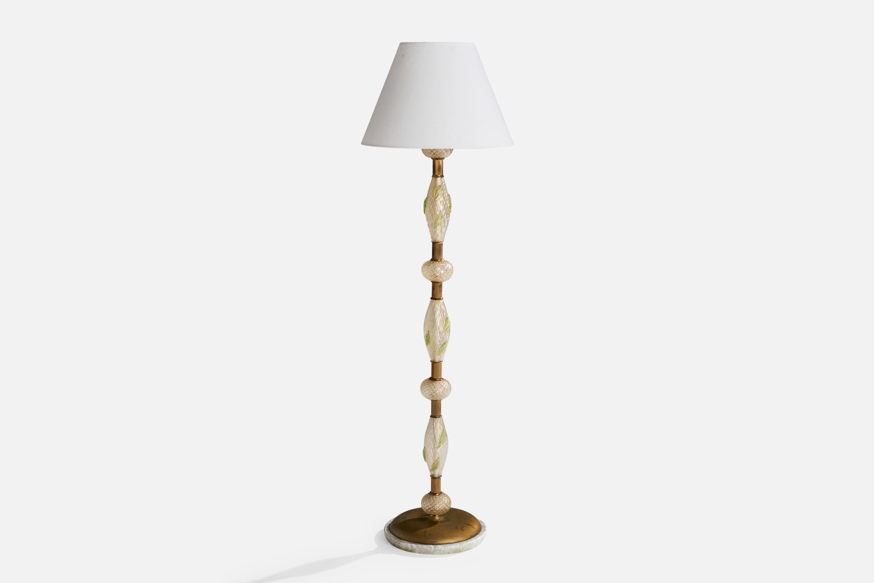 A brass, marble, Murano glass and white fabric floor lamp designed and produced in Italy, c. 1930s.

Dimensions of Lamp with Shade (inches): 65” H x 19.25” Diameter

Bulb Specifications: E-26 Bulb

Number of Sockets (per fixture): 4

Sold with