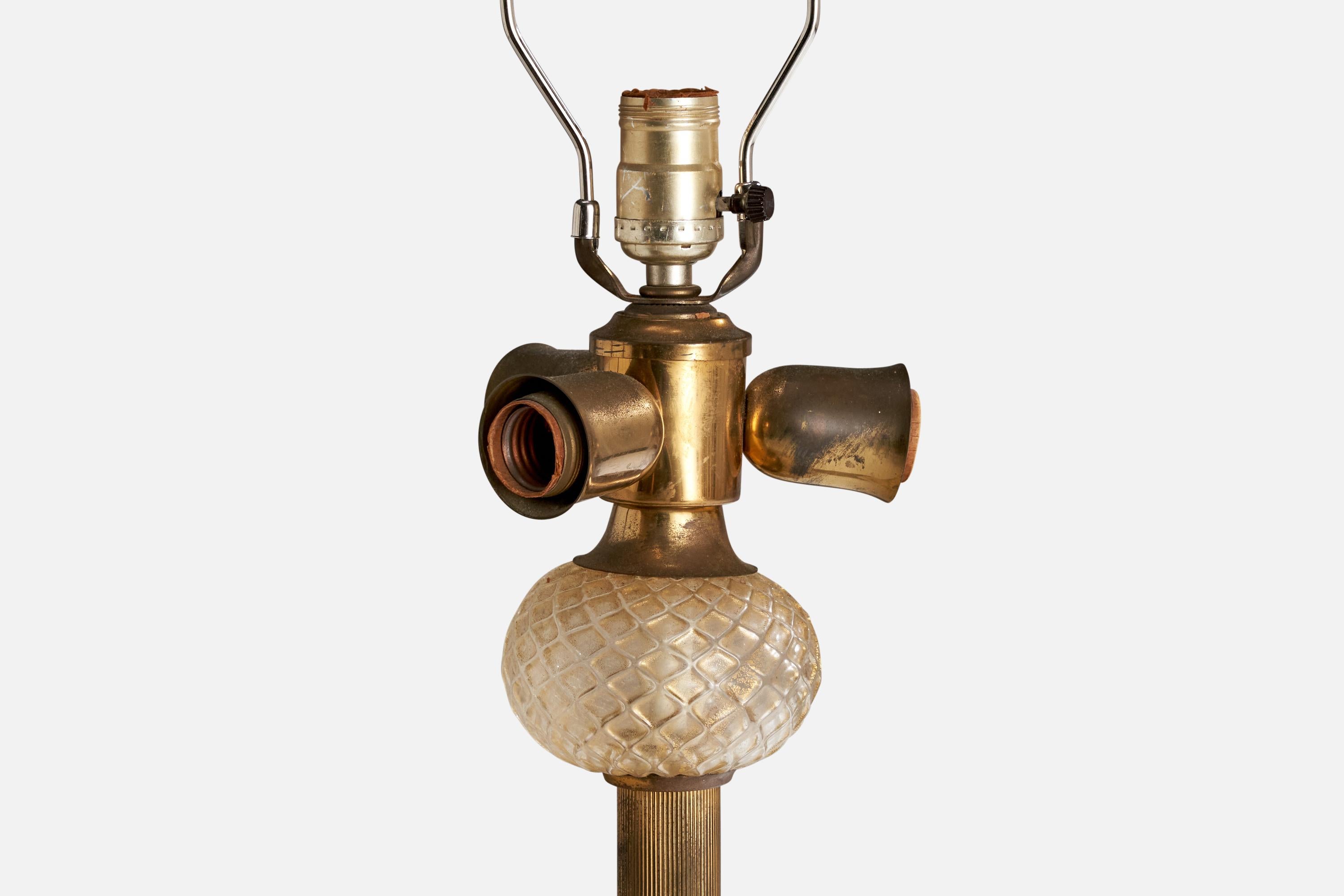 Mid-20th Century Italian Designer, Floor Lamp, Brass, Murano Glass, Marble, Fabric, Italy, 1930s For Sale