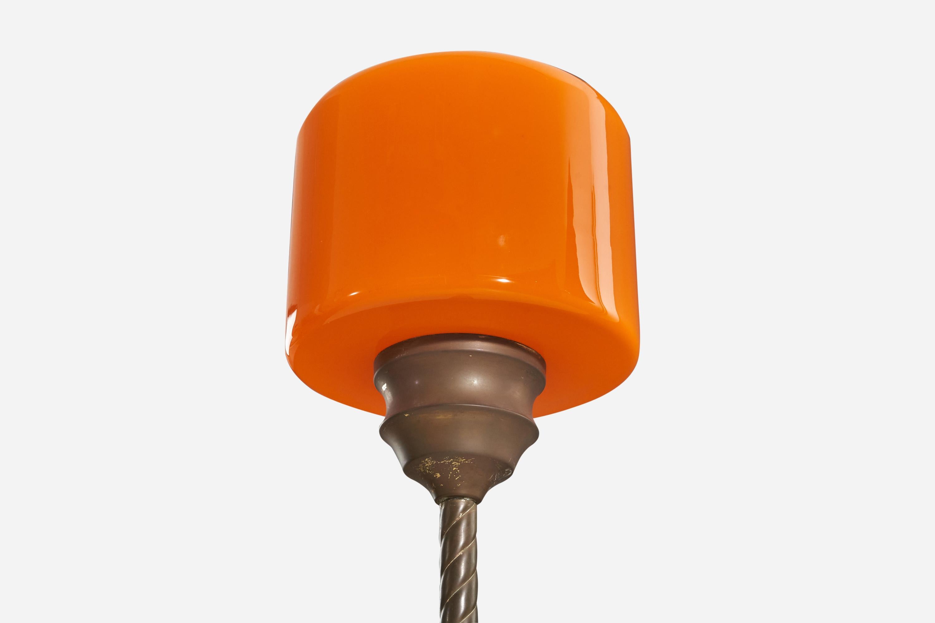Italian Designer, Floor Lamp, Brass, Orange Glass, Marble, Italy, 1940s In Good Condition For Sale In High Point, NC