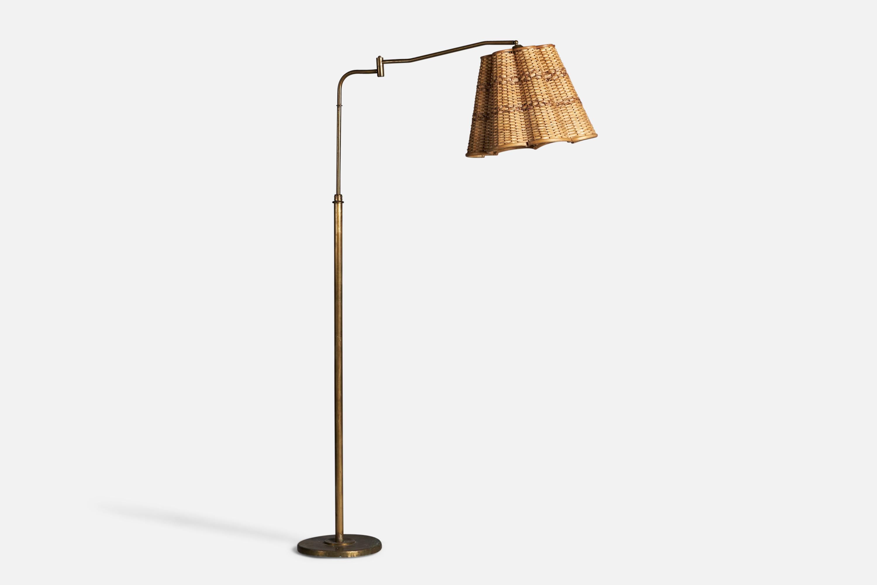 Modern Italian Designer, Floor Lamp, Brass, Rattan, Bamboo, Italy, 1940s For Sale