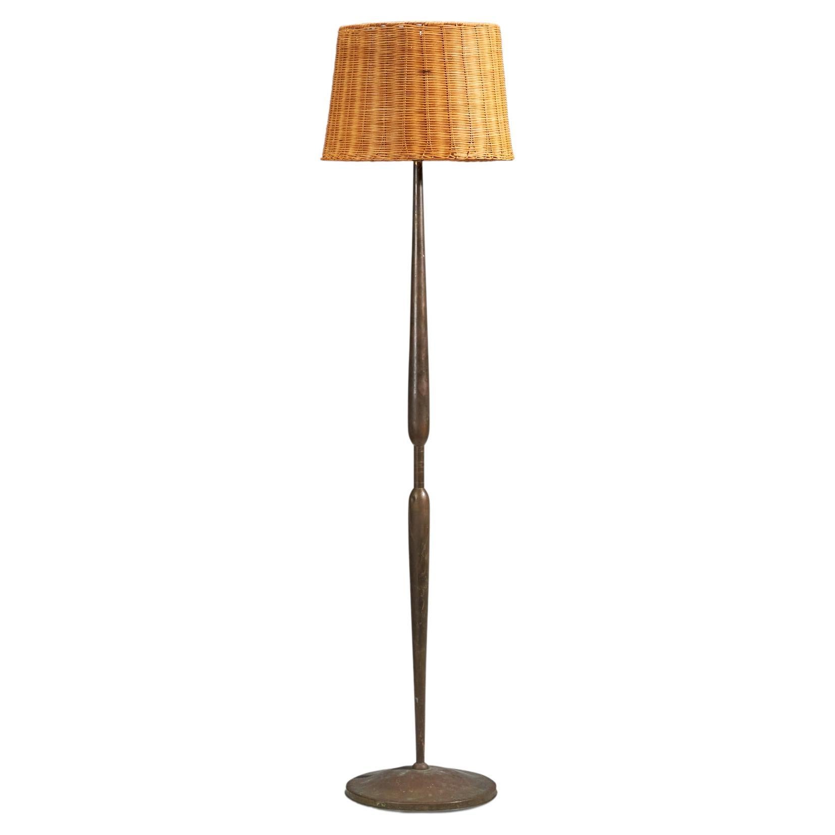 Italian Designer, Floor Lamp, Brass, Rattan, Fabric, Italy, 1940s For Sale