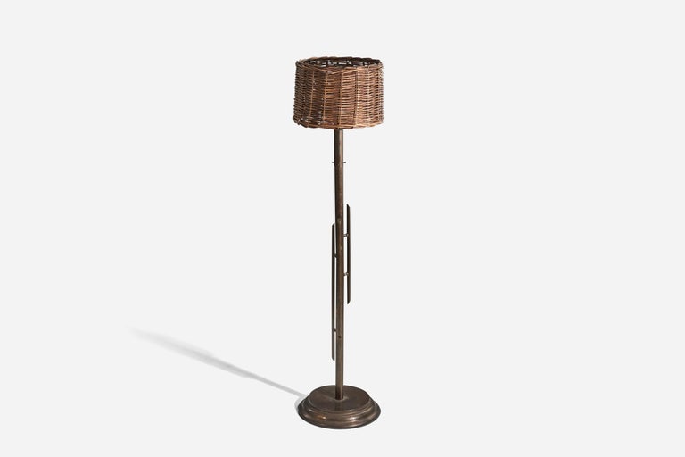 Italian Designer, Floor Lamp, Brass, Rattan, Italy, 1940s For Sale at