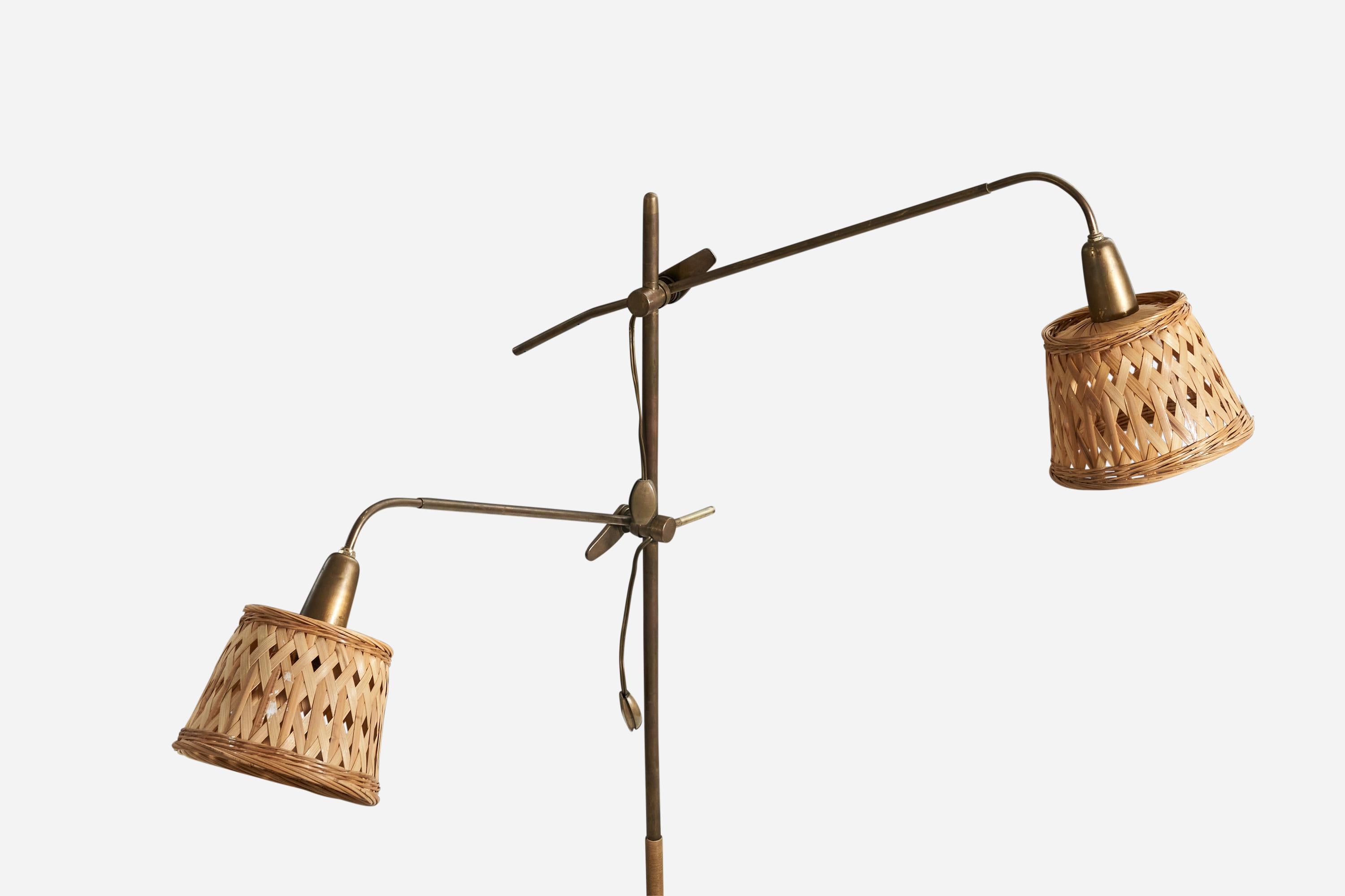 Mid-Century Modern Italian Designer, Floor Lamp, Brass, Rattan, Italy, 1940s For Sale