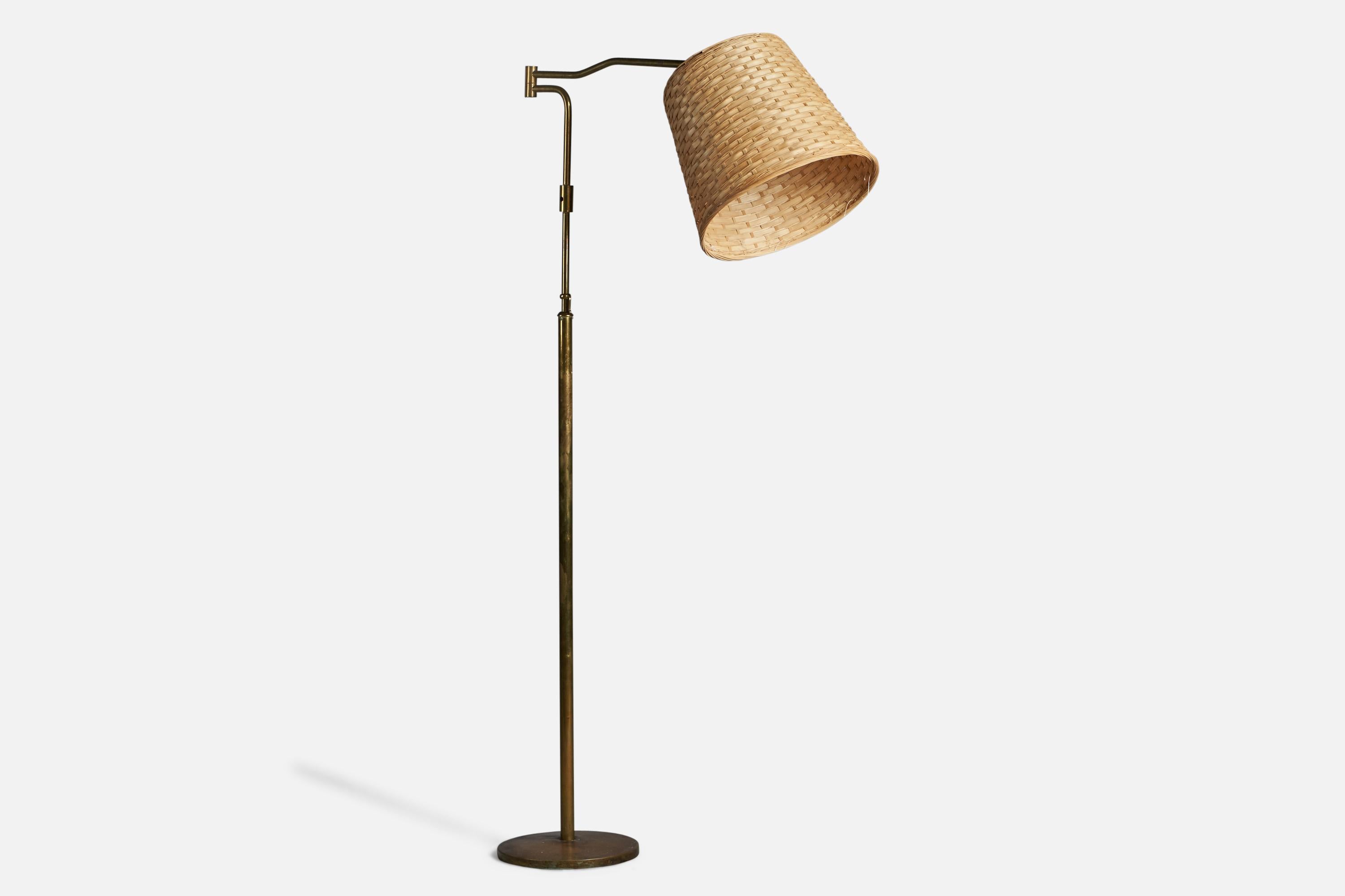Modern Italian Designer, Floor Lamp, Brass, Rattan, Italy, 1940s For Sale