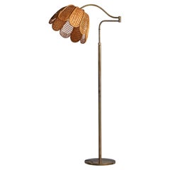 Italian Designer, Floor Lamp, Brass, Rattan, Italy, 1940s