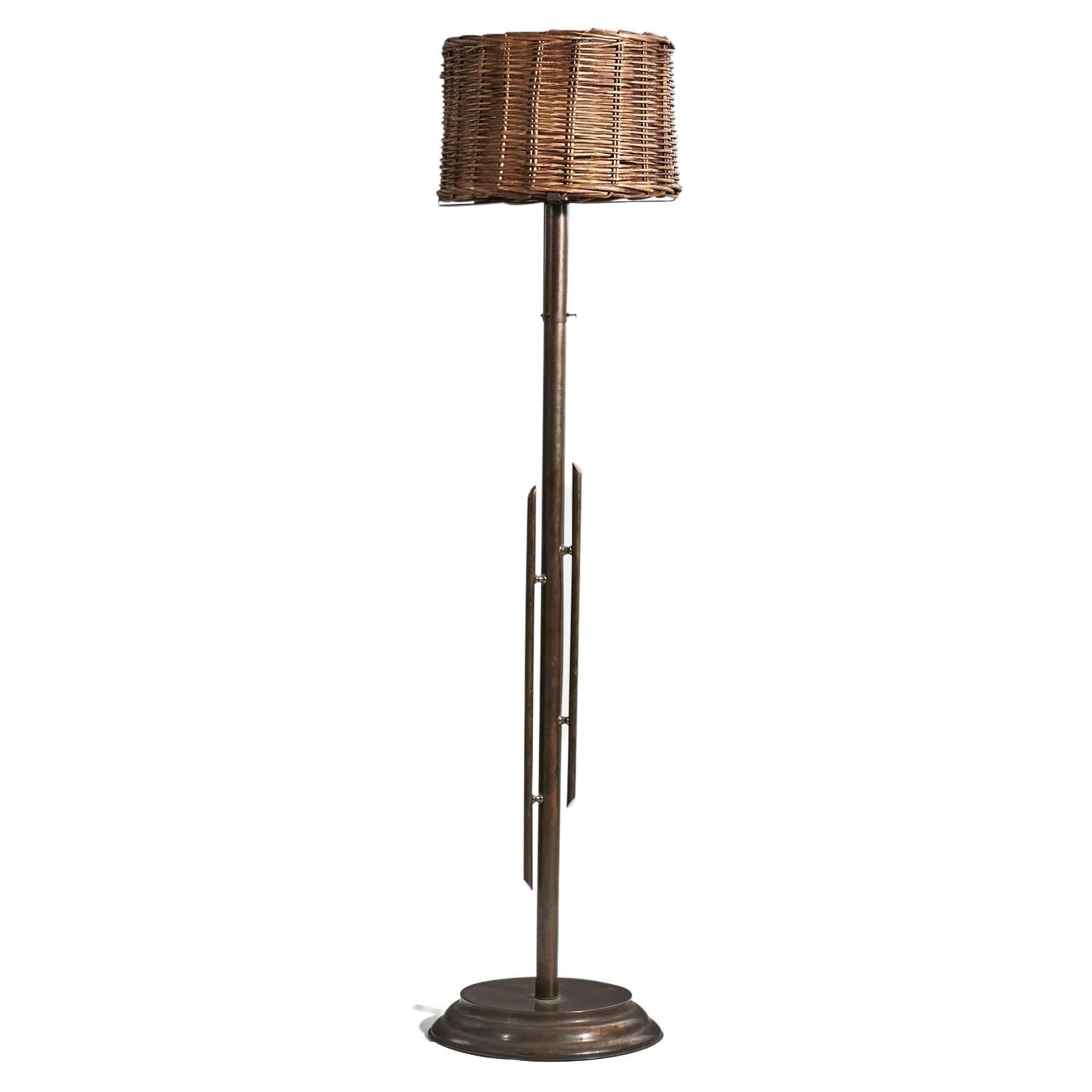 Italian Designer, Floor Lamp, Brass, Rattan, Italy, 1940s For Sale