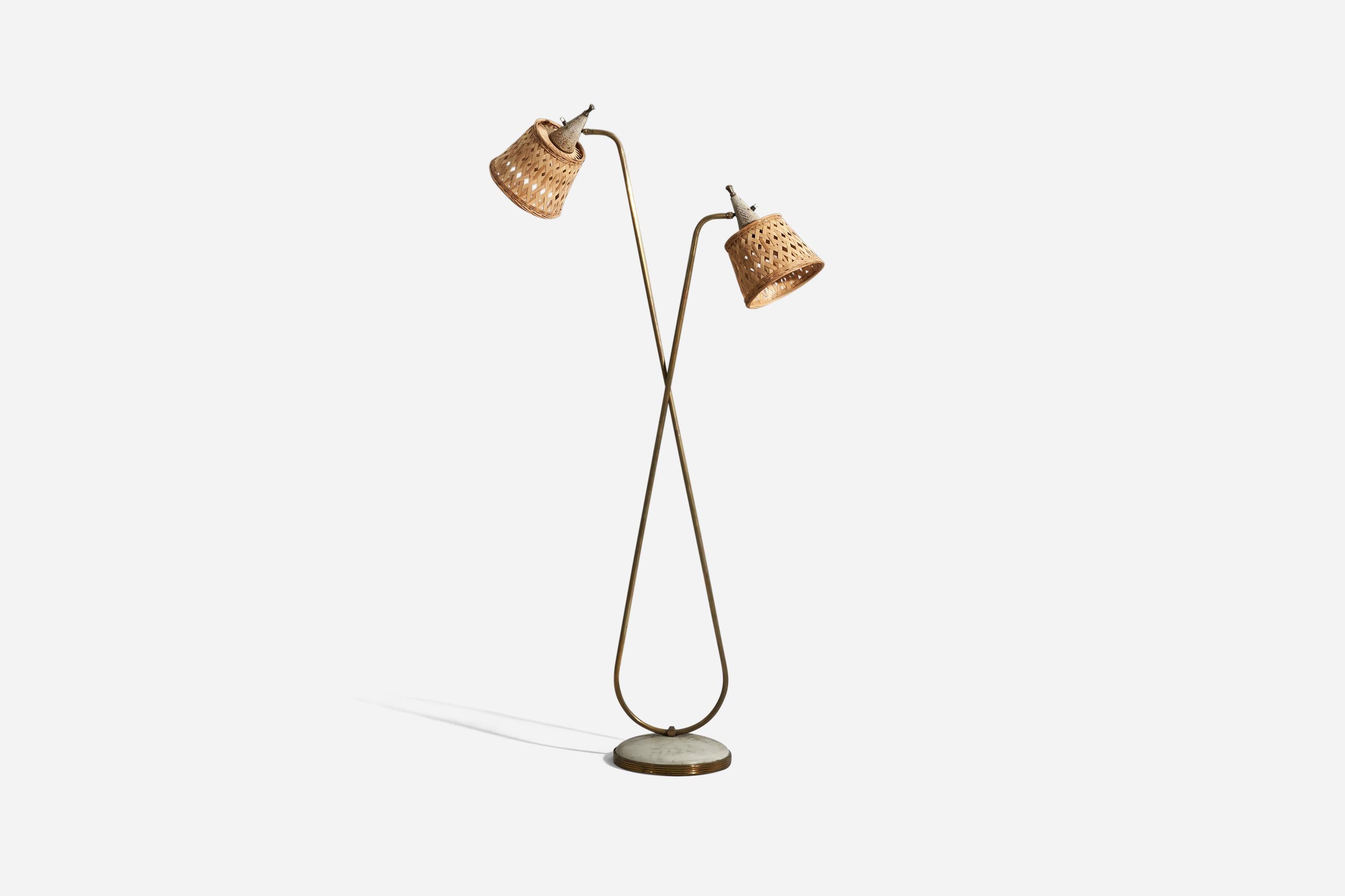 A brass, rattan and metal floor lamp designed and produced in Italy, 1940s.

Sold with lampshade. 
Dimensions stated refer to the Floor Lamp with Shade.
 