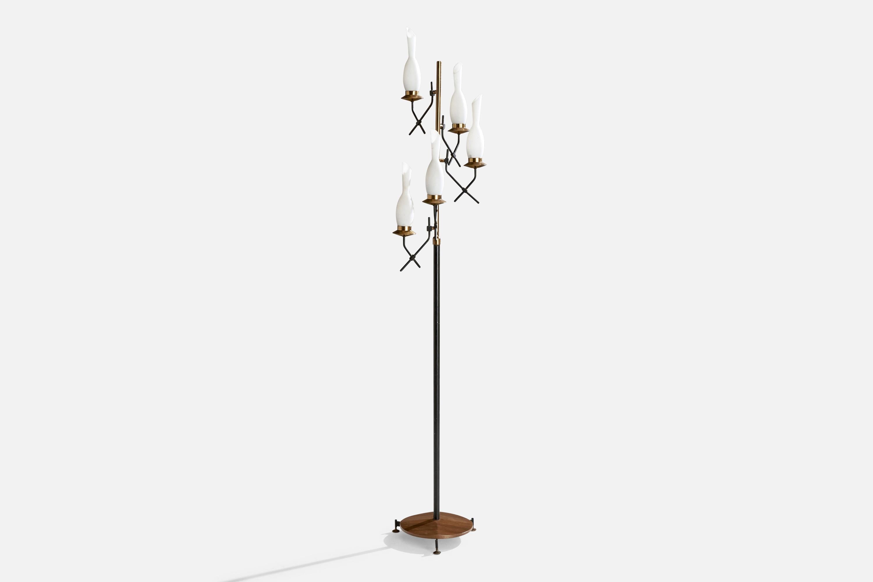 Lampada da terra in ottone, metallo laccato nero, vetro opalino bianco e teak, progettata e prodotta in Italia, anni '50 ca.

Dimensioni della lampada (pollici): 76,25