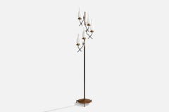 Italian Designer, Floor Lamp, Brass, Teak, Glass, Metal, Italy, 1950s
