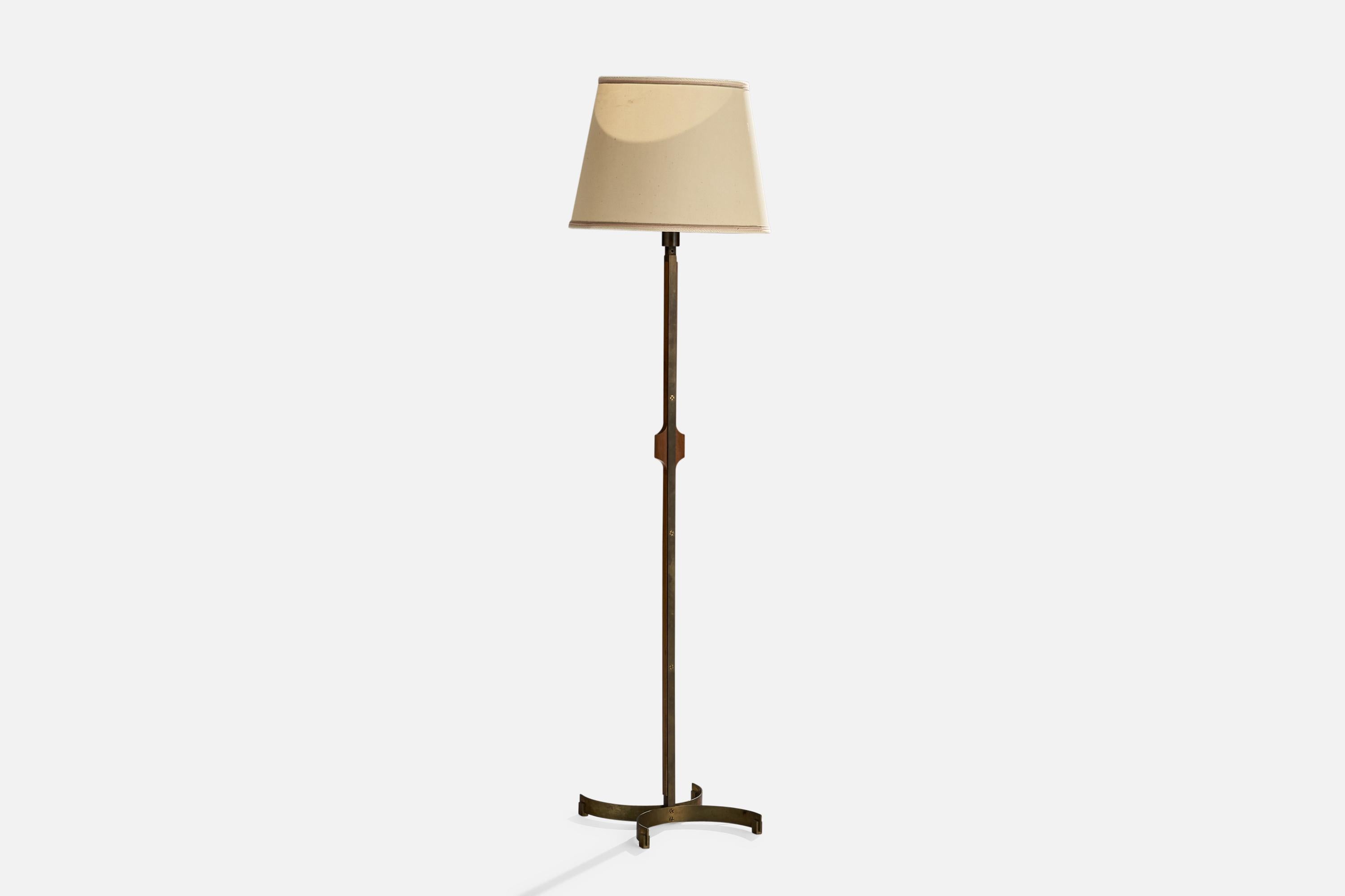 Modern Italian Designer, Floor Lamp, Brass, Walnut, Fabric, Italy, 1940s For Sale