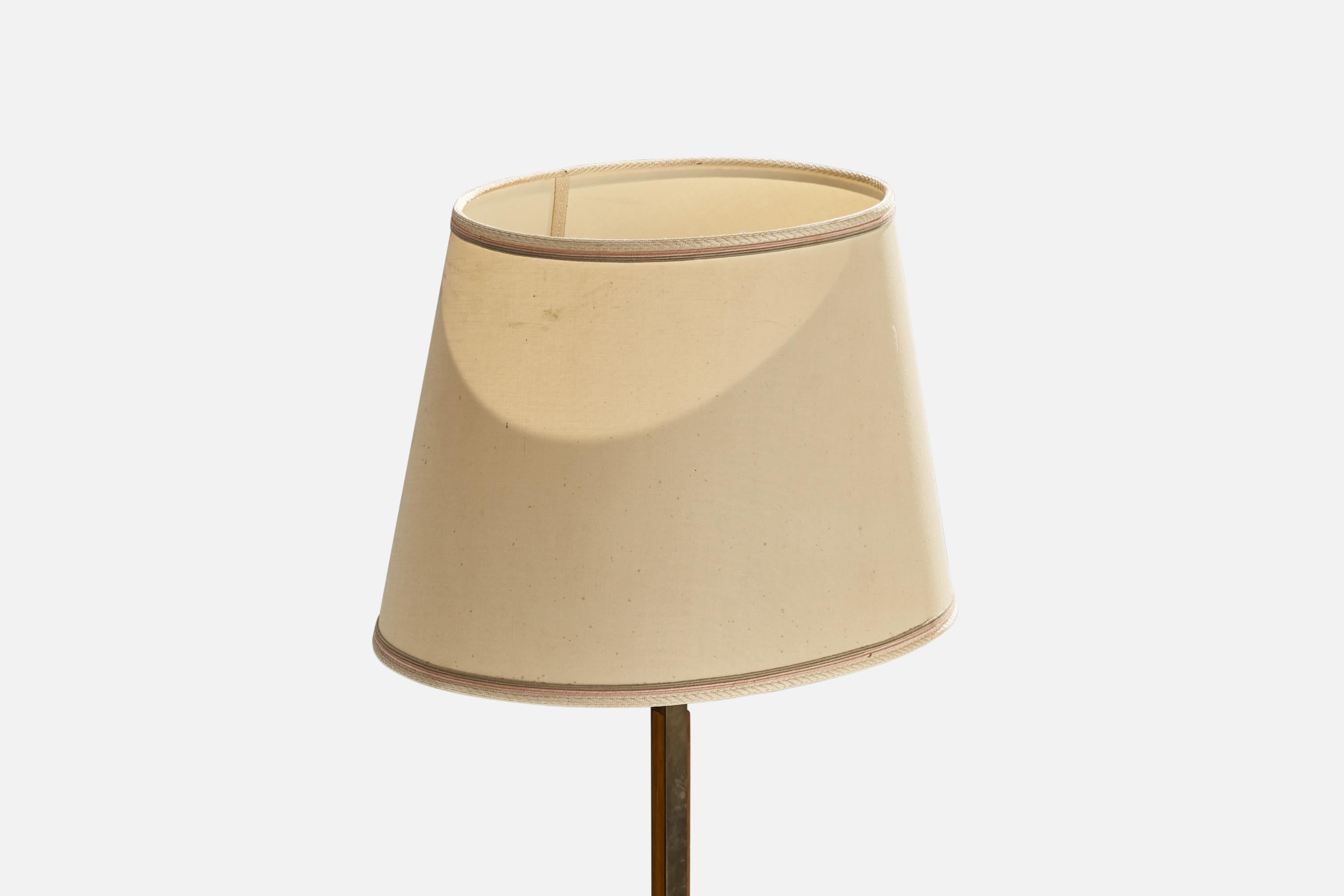 Mid-20th Century Italian Designer, Floor Lamp, Brass, Walnut, Fabric, Italy, 1940s For Sale