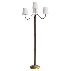 Italian Designer, Floor Lamp, Brass, Wood, Fabric, Italy, 1930s