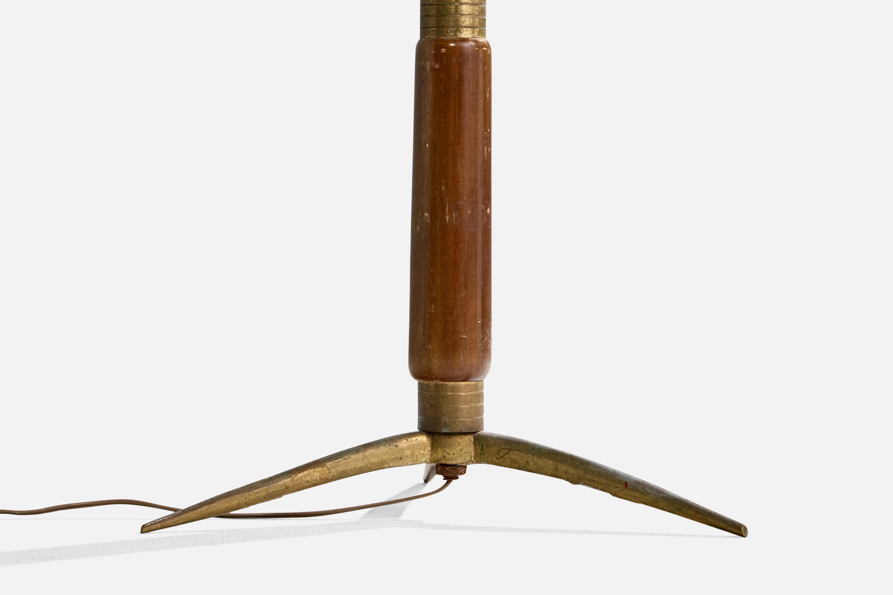 Italian Designer, Floor Lamp, Brass, Wood, Fabric, Italy, 1940s For Sale 5