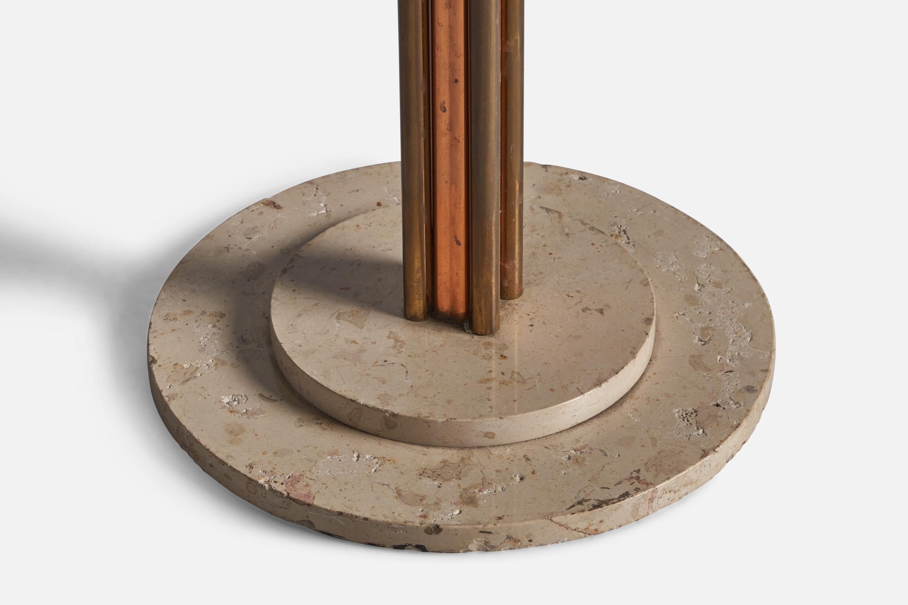 Italian Designer, Floor Lamp, Copper, Brass, Travertine, Italy, 1940s In Good Condition For Sale In High Point, NC