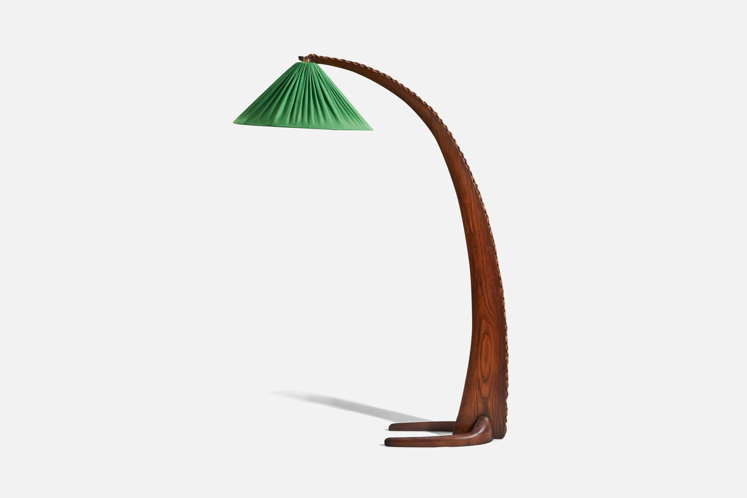A green fabric, rope and pine floor lamp designed and produced by an Italian designer, Italy, 1960s.

Sold with Lampshade. 
Stated dimensions refer to the floor lamp with the lampshade.  There is a stain on the shade.