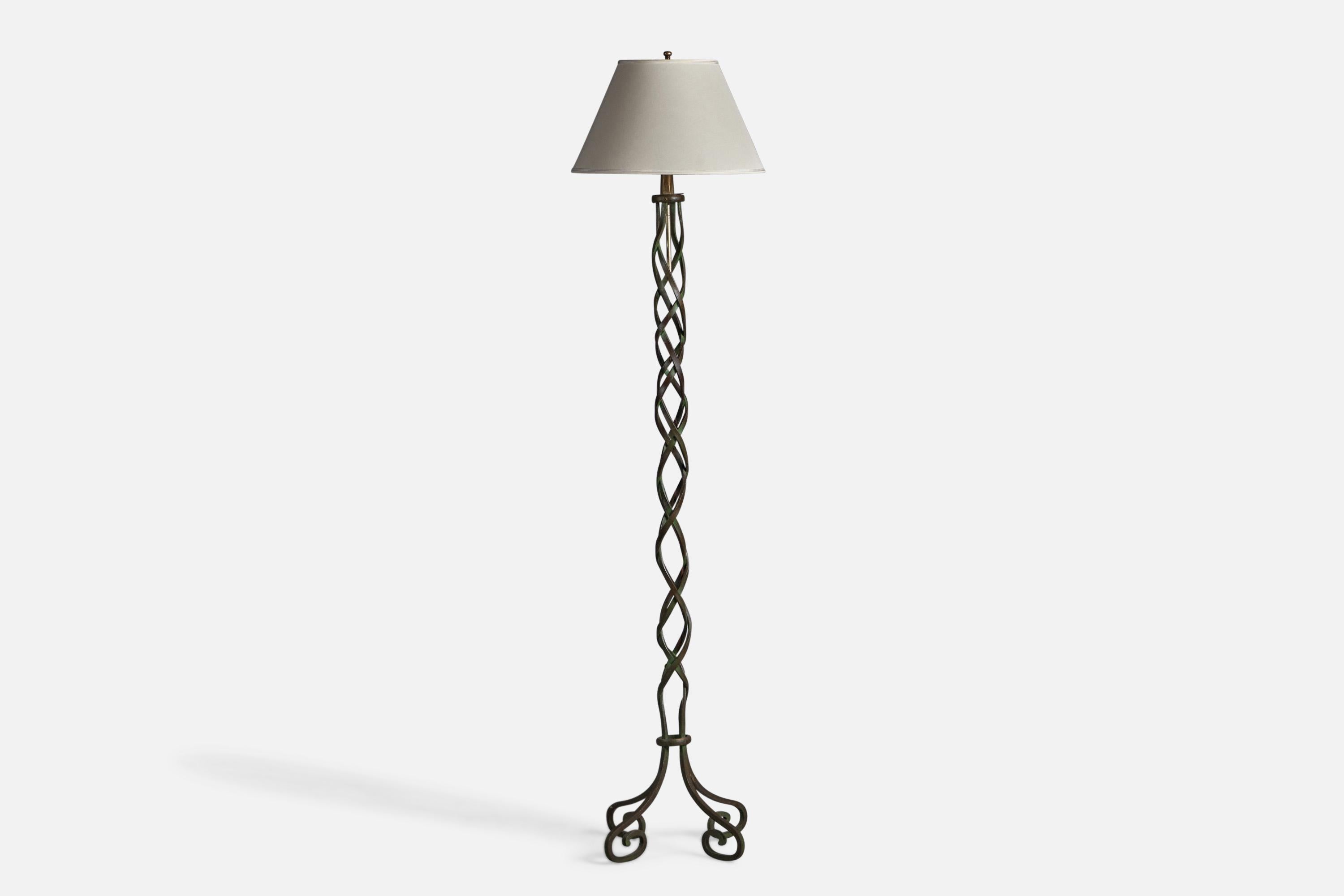 A black-painted iron and white fabric floor lamp, designed and produced in Italy, c. 1960s.

Overall Dimensions (inches): 66