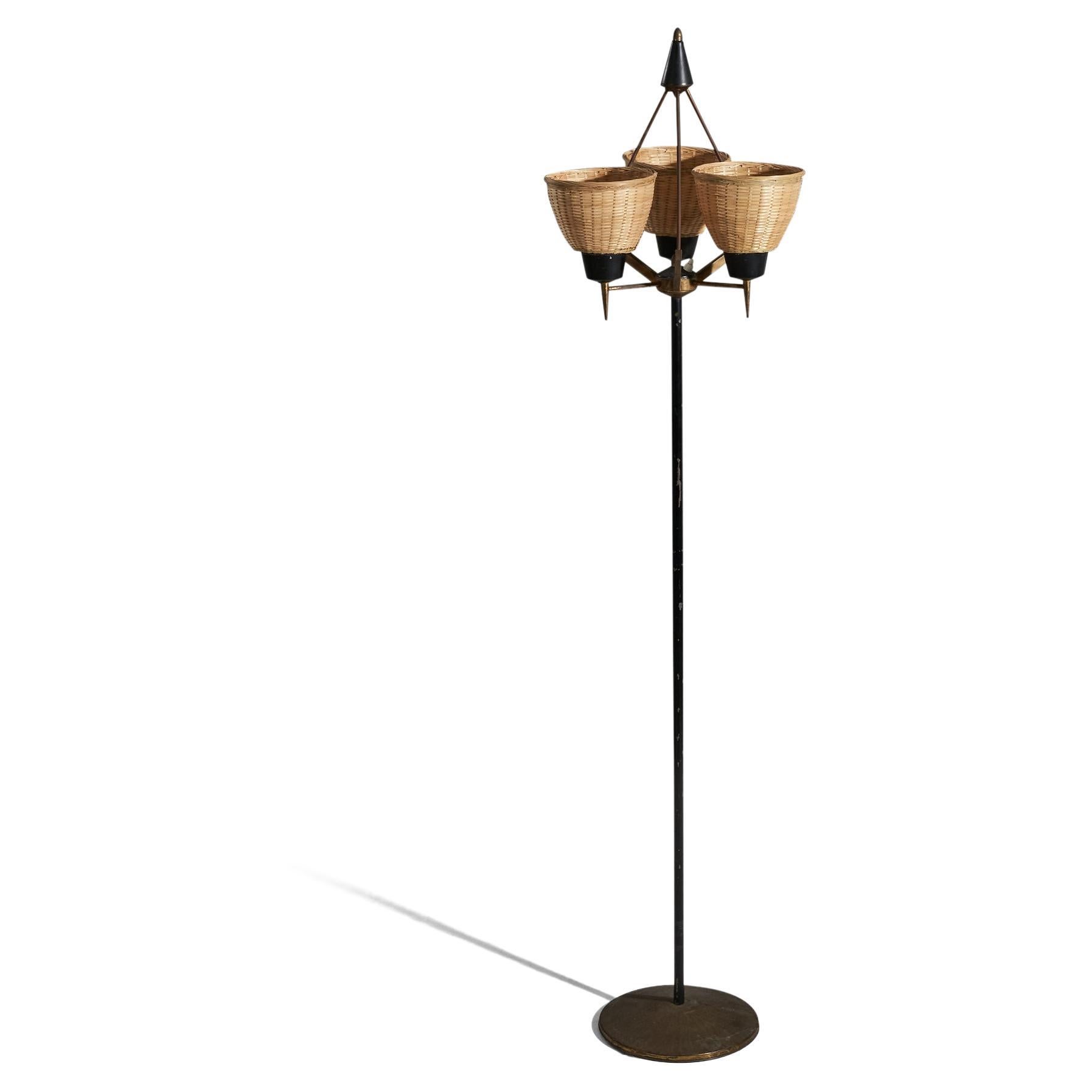Italian Designer, Floor Lamp, Metal, Brass, Rattan, Italy, 1940s For Sale