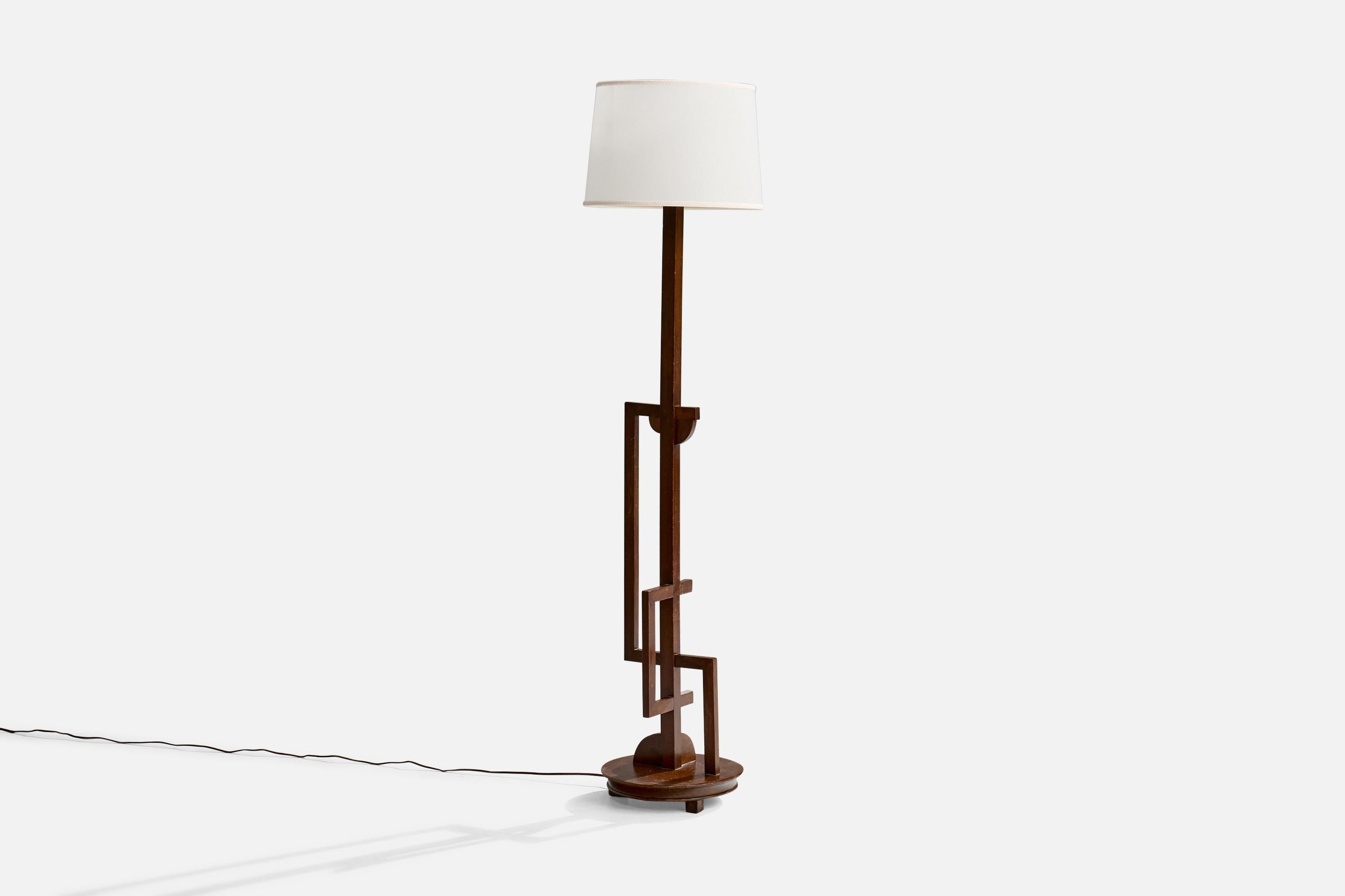 A dark-stained wood and white fabric floor lamp designed and produced in Italy, c. 1930s.

Overall Dimensions (inches): 65.5