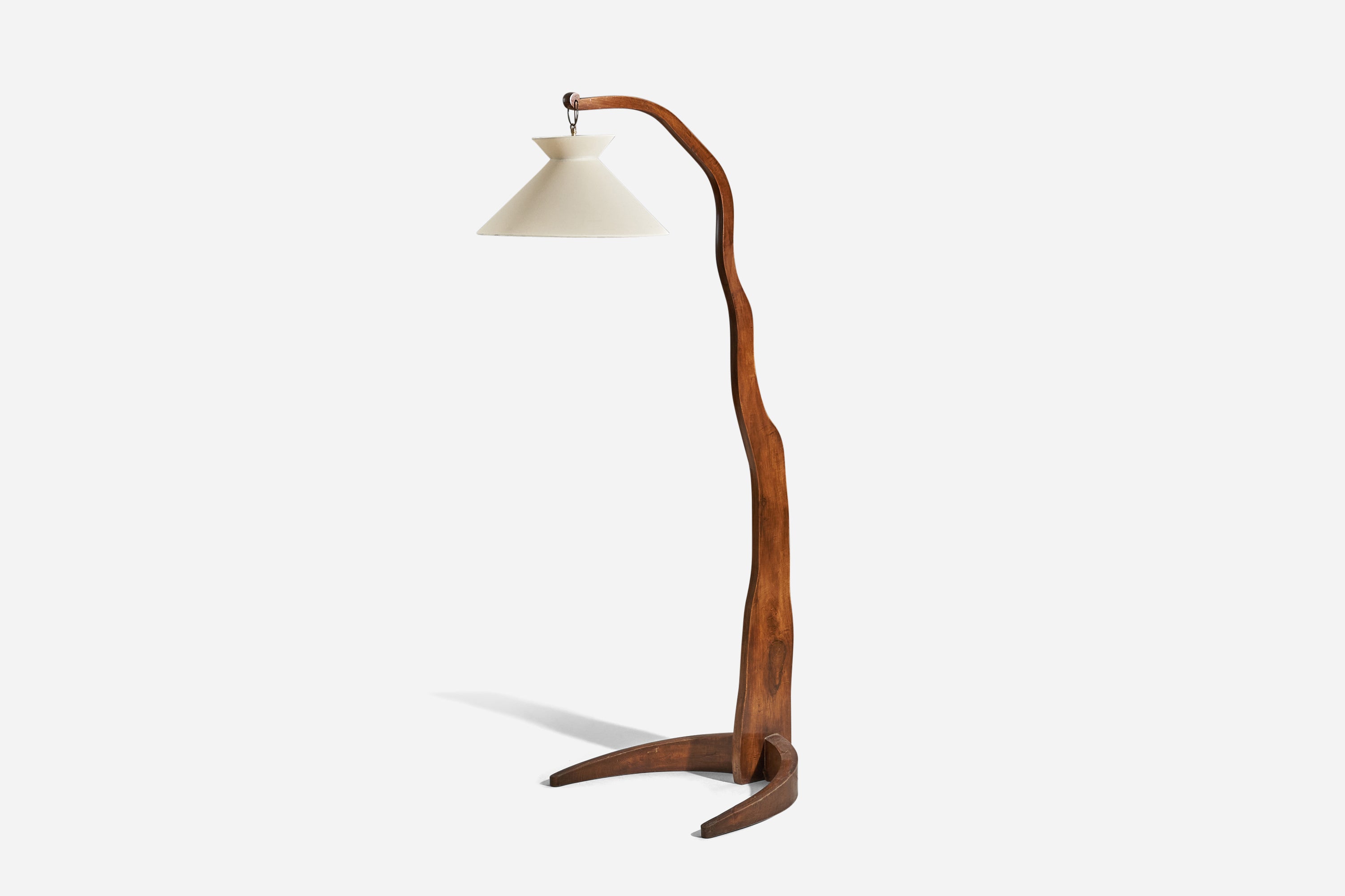 Lampadaire en bois et tissu conçu et produit en Italie, années 1940.

Vendu avec abat-jour. 
Les dimensions indiquées se rapportent au lampadaire avec abat-jour.