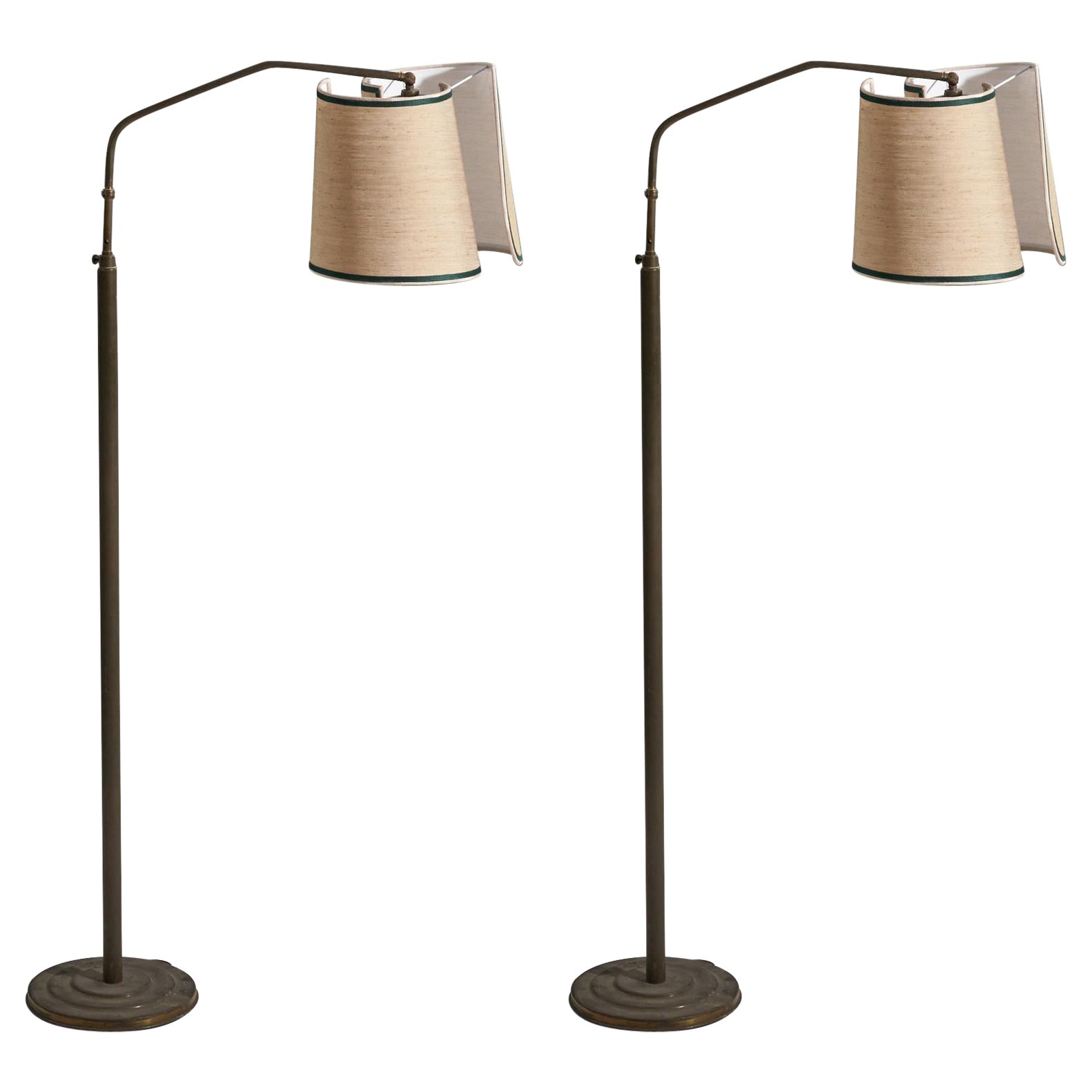 Italian Designer, Floor Lamps, Brass, Fabric, Italy, 1940s For Sale