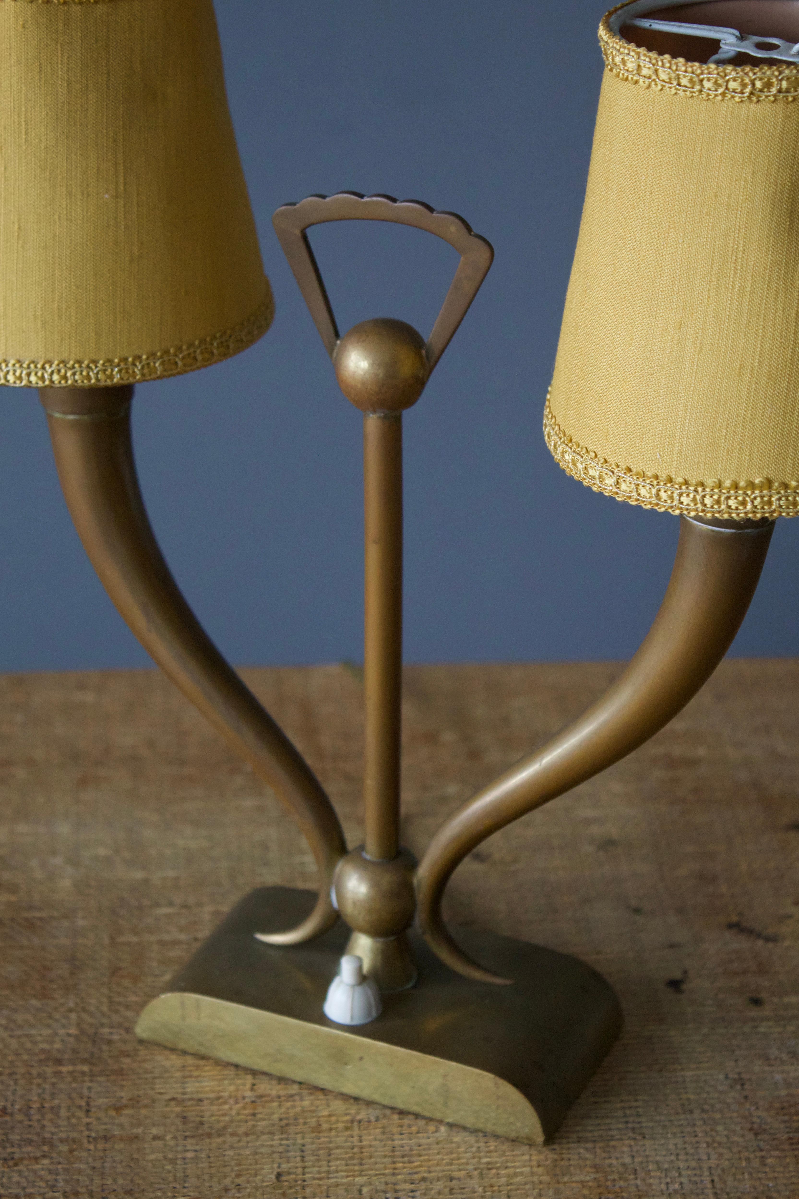 Mid-20th Century Italian Designer, Freeform Table Lamp, Brass, Fabric Italy, 1940s