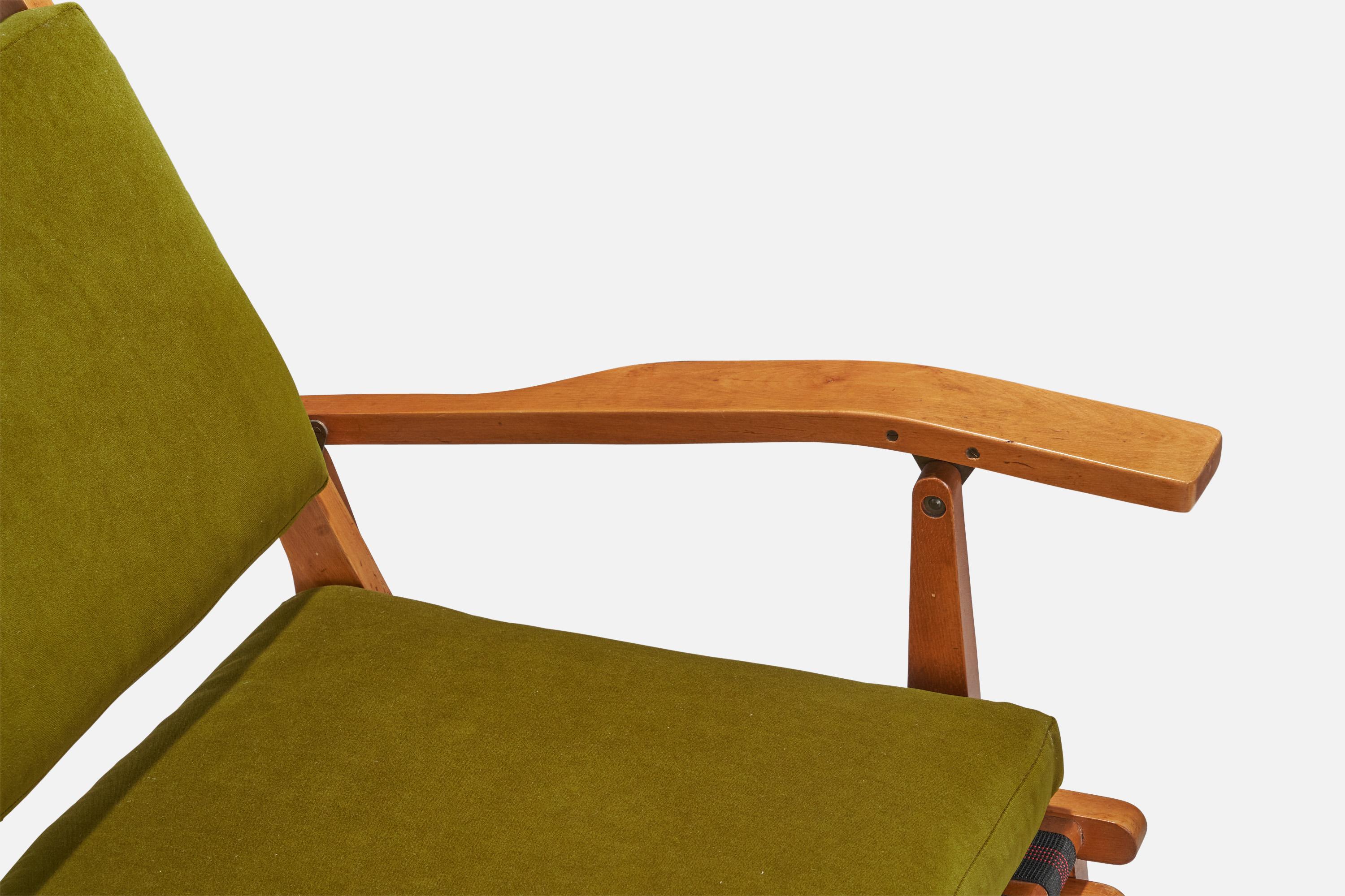 Designer italien, chaise longue verte, hêtre, velours, Italie, années 1950 en vente 3