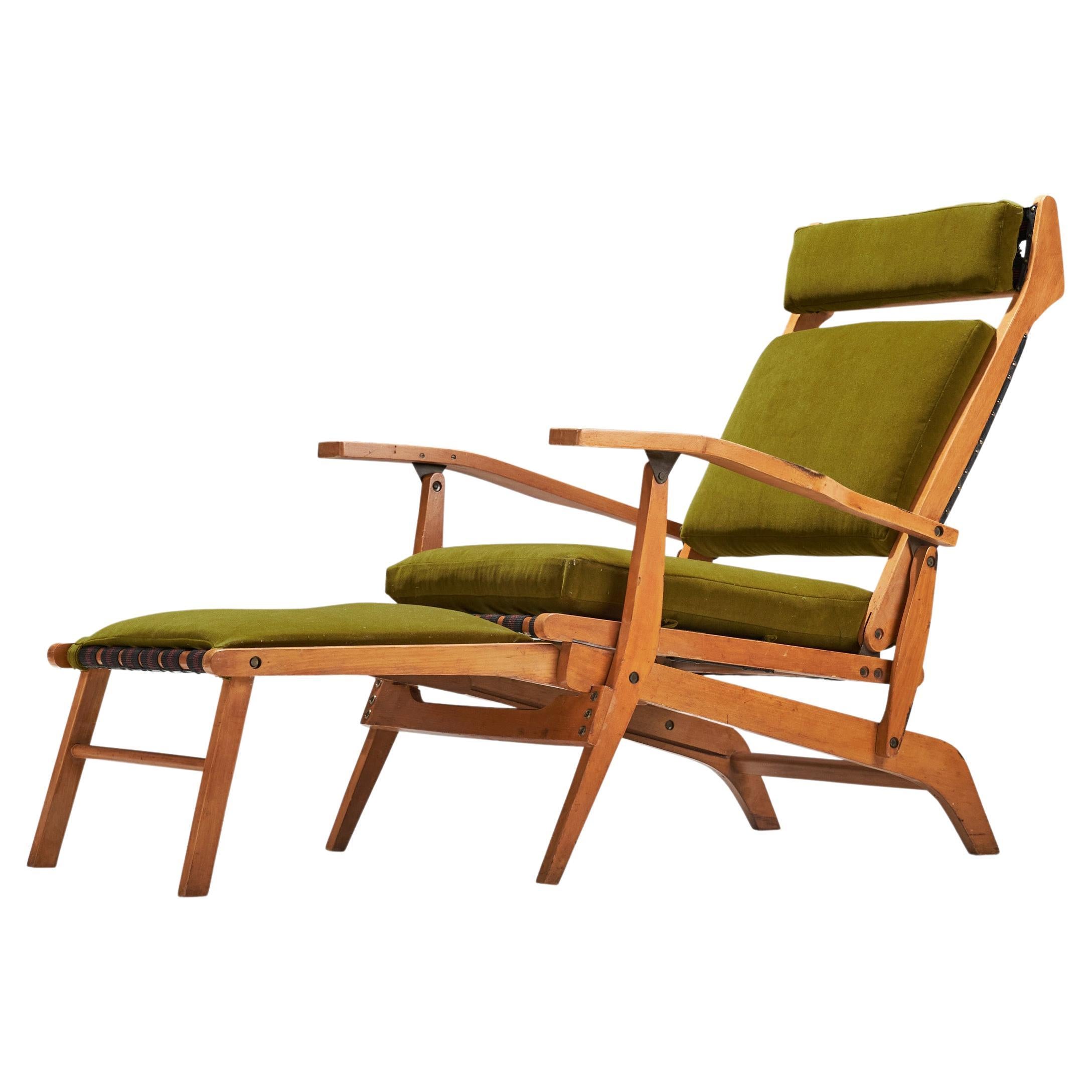 Designer italien, chaise longue verte, hêtre, velours, Italie, années 1950