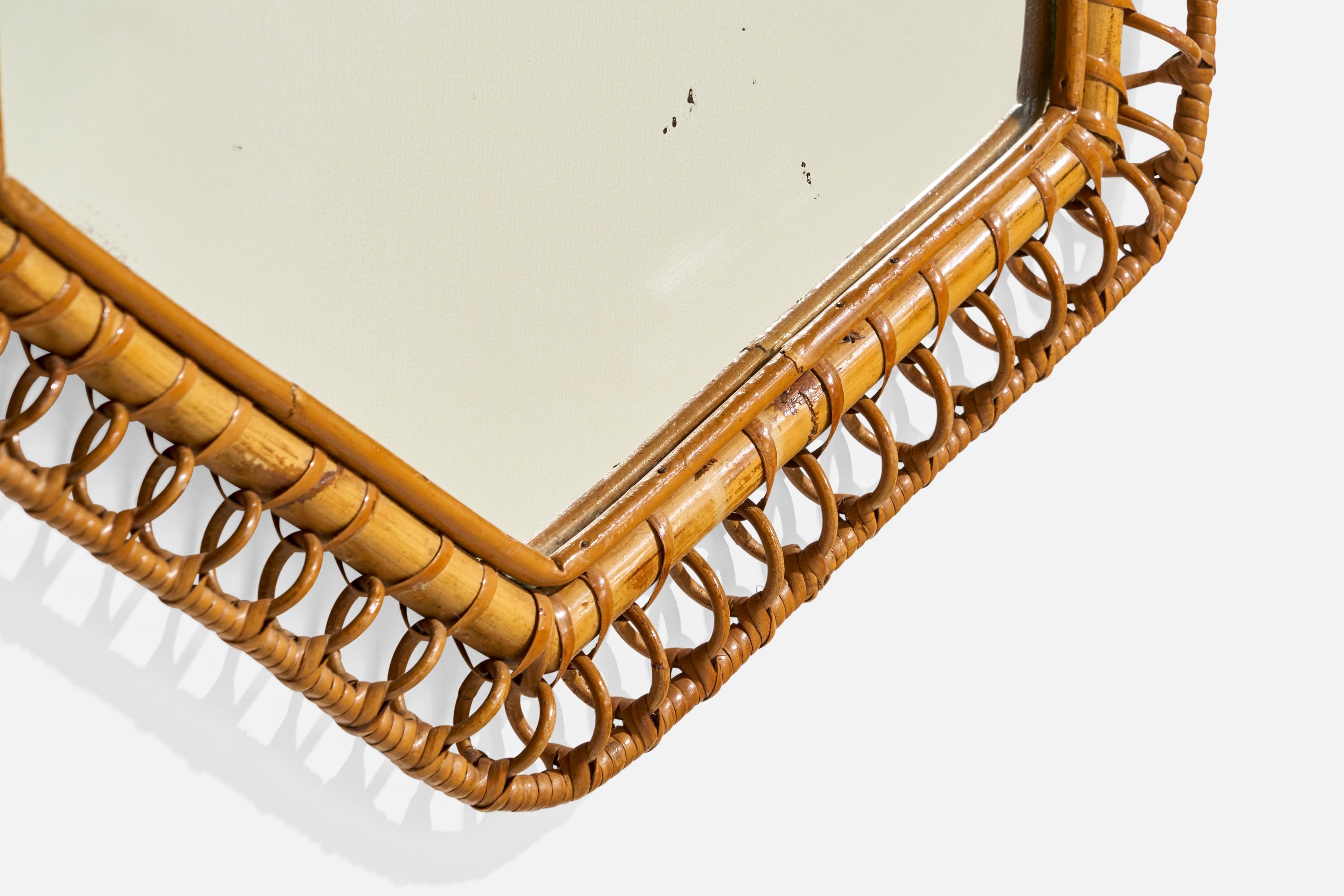 Sechseckiger italienischer Designer-Wandspiegel, Rattan, Spiegel, Italien, ca. 1950er Jahre im Angebot 1