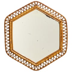 Italian Designer, Hexagonal Wall Mirror, Rattan, Mirror, Italy, c. 1950s