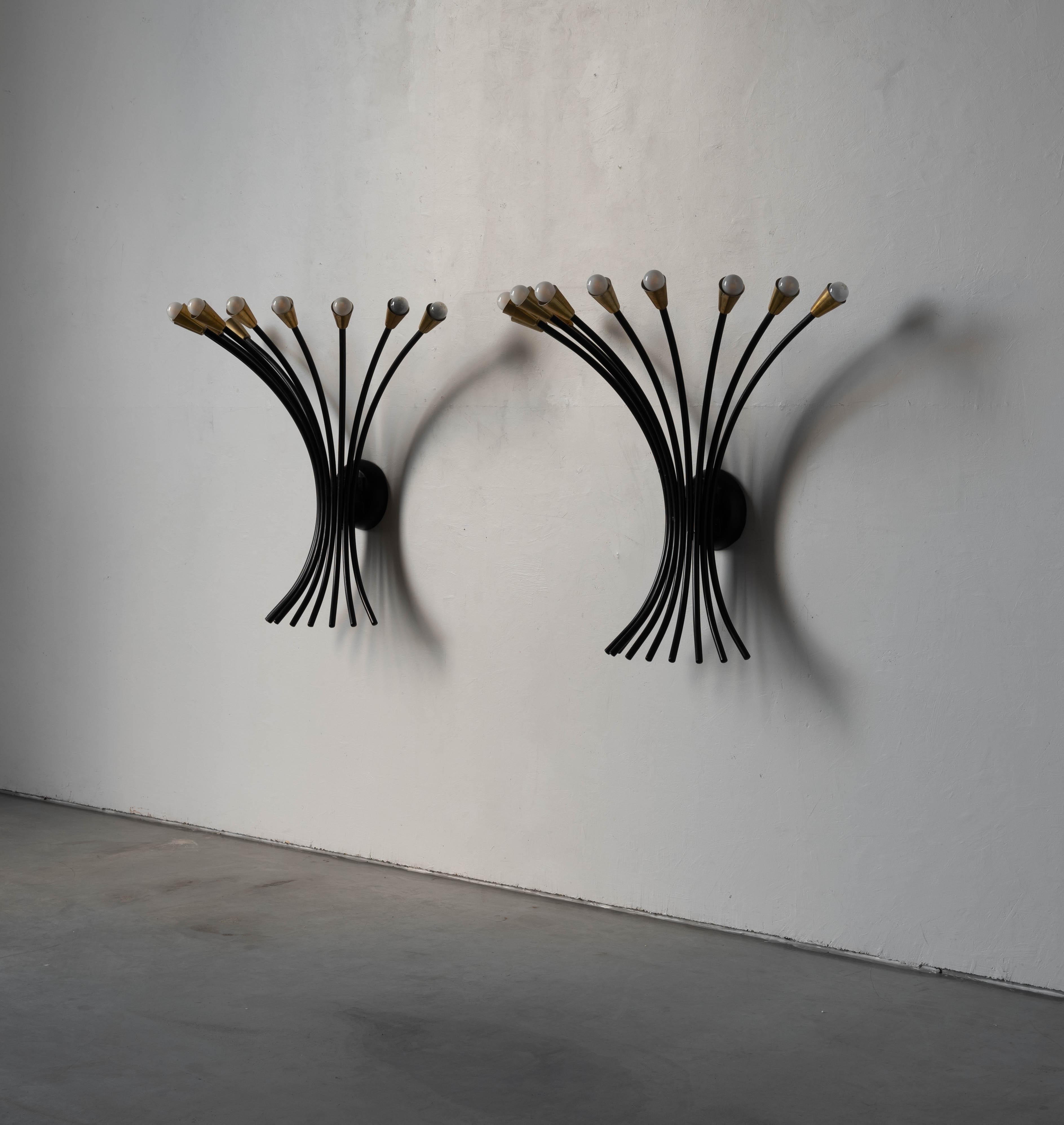 Italian Designer, Large Sconces, Brass, Black-Lacquered Metal, Italy, 1960s In Good Condition In High Point, NC