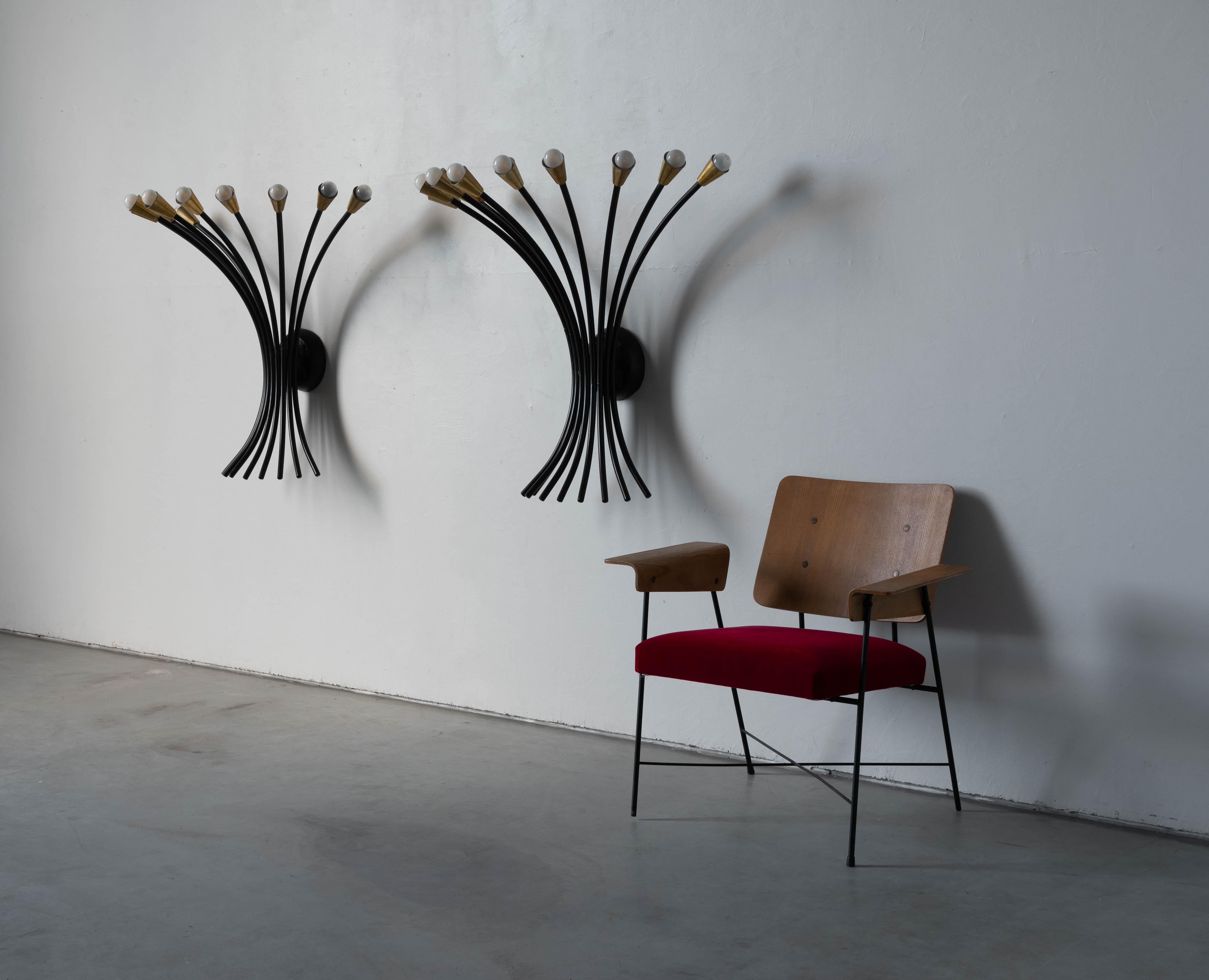 Late 20th Century Italian Designer, Large Sconces, Brass, Black-Lacquered Metal, Italy, 1960s