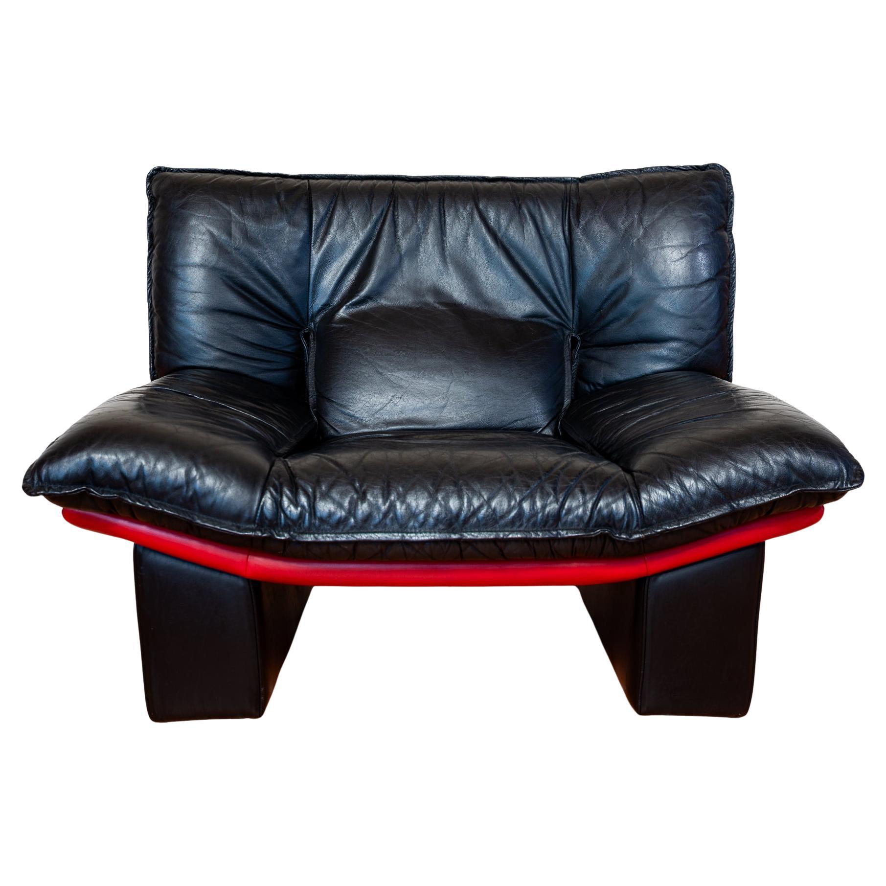 Sillón de cuero de diseño italiano años 80 Nicoletti Salotti Avanti Negro Rojo