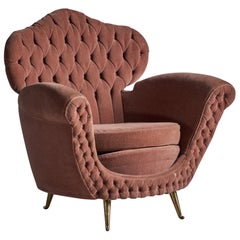 Italian Designer, Lounge Chair, Fabric, Brass, Italy, 1940s