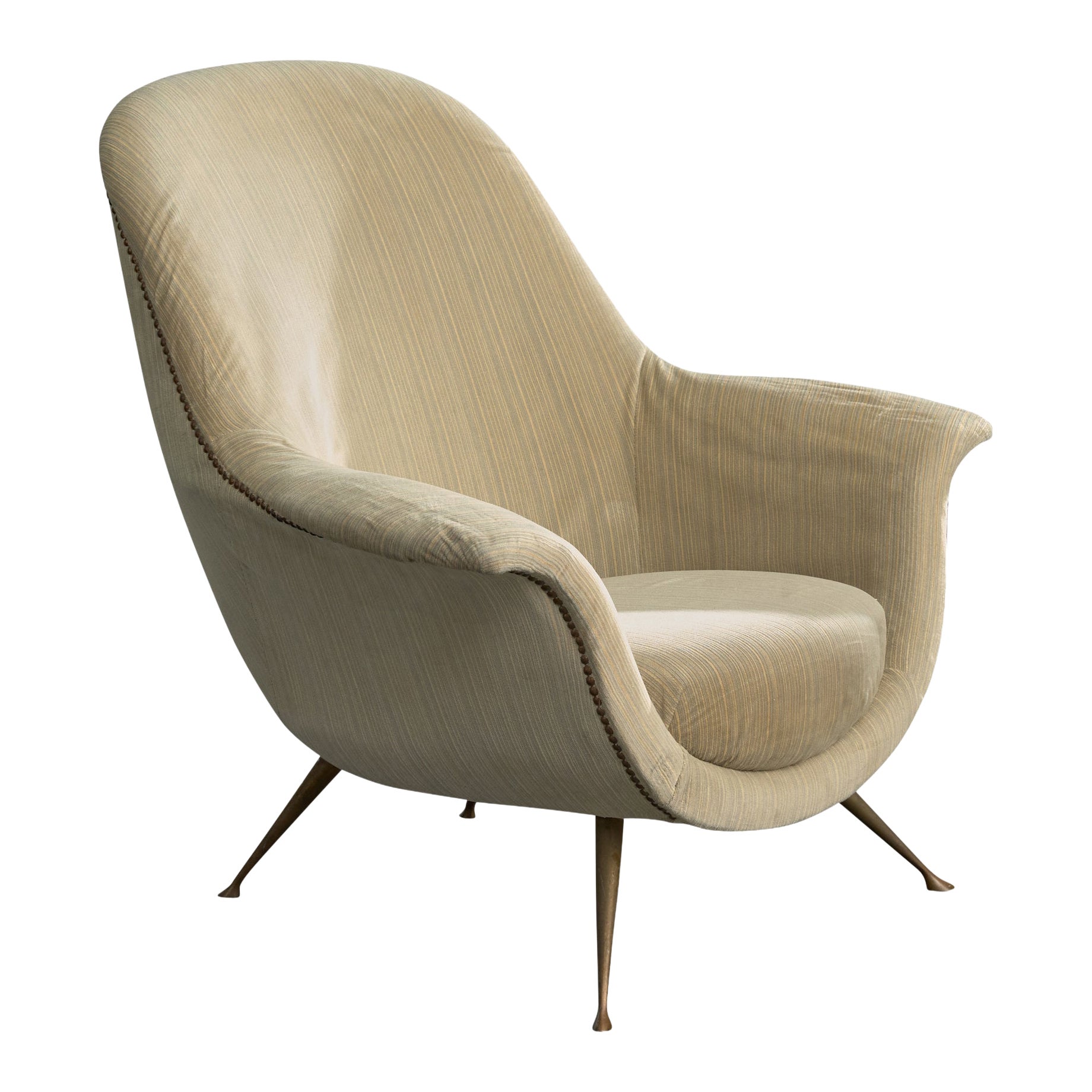 Italian Designer, Lounge Chair, Fabric, Brass, Italy, 1950s