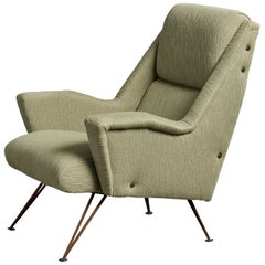 Italian Designer, Lounge Chair, Fabric, Brass, Italy, 1950s