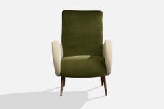 Italian Designer, Lounge Chair, Fabric, Brass, Wood, Italy, 1950s