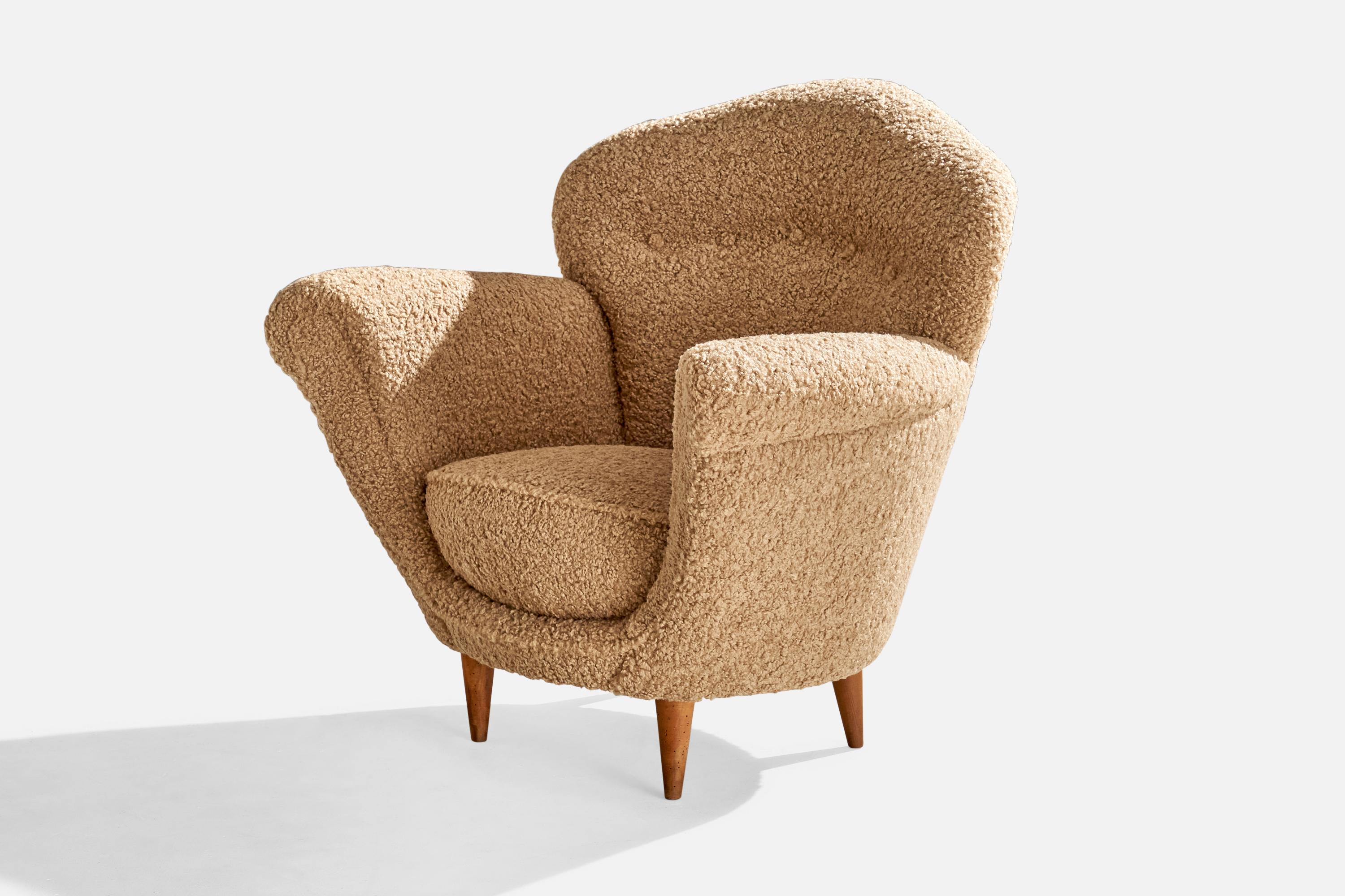 Mid-20th Century Italian Designer, Lounge Chair, Fabric, Wood, Italy, 1940s For Sale