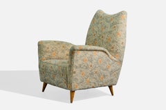 Italienischer Designer, Loungesessel, Stoff, Holz, Italien, 1950er Jahre