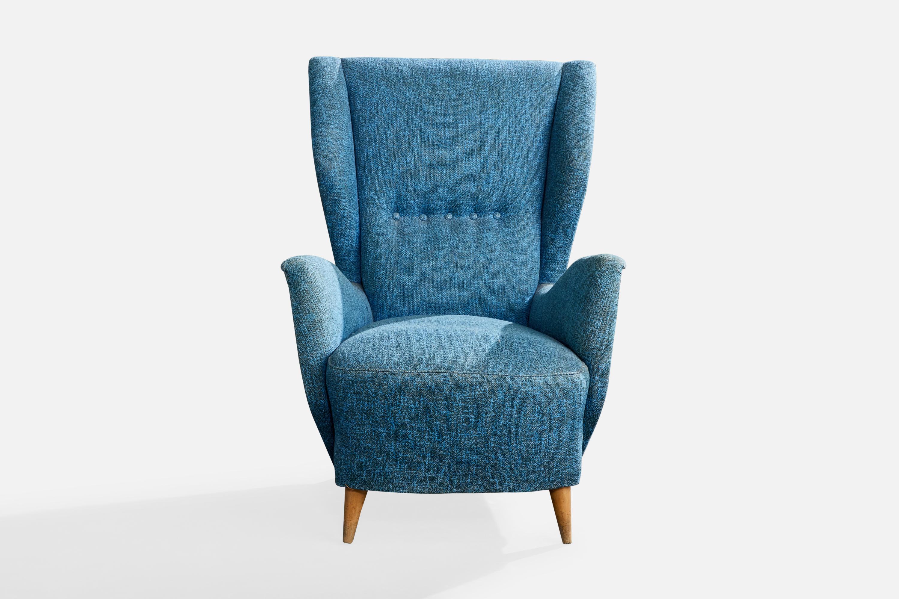 Italienischer Designer, Loungesessel, Stoff, Holz, Italien, 1950er Jahre (Moderne der Mitte des Jahrhunderts) im Angebot