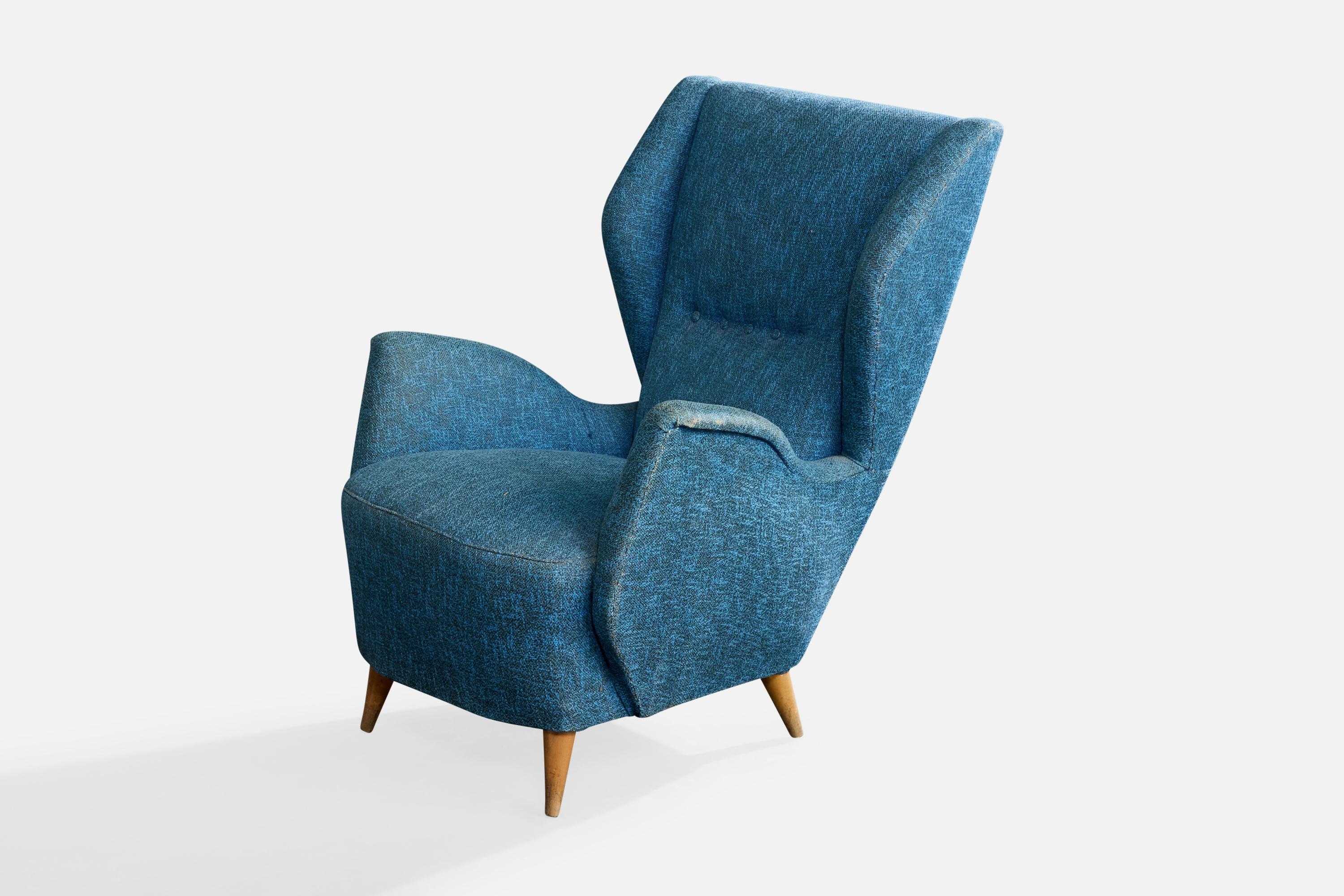 Italienischer Designer, Loungesessel, Stoff, Holz, Italien, 1950er Jahre im Zustand „Relativ gut“ im Angebot in High Point, NC