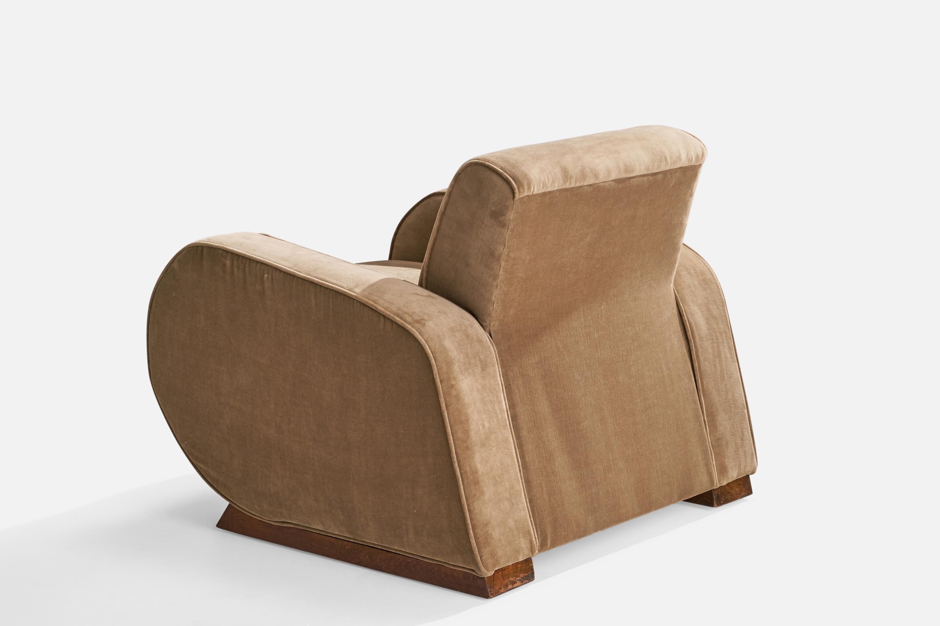 Mid-20th Century Italian Designer, Lounge Chair, Italy, Velvet, Pine, Italy, 1930s For Sale