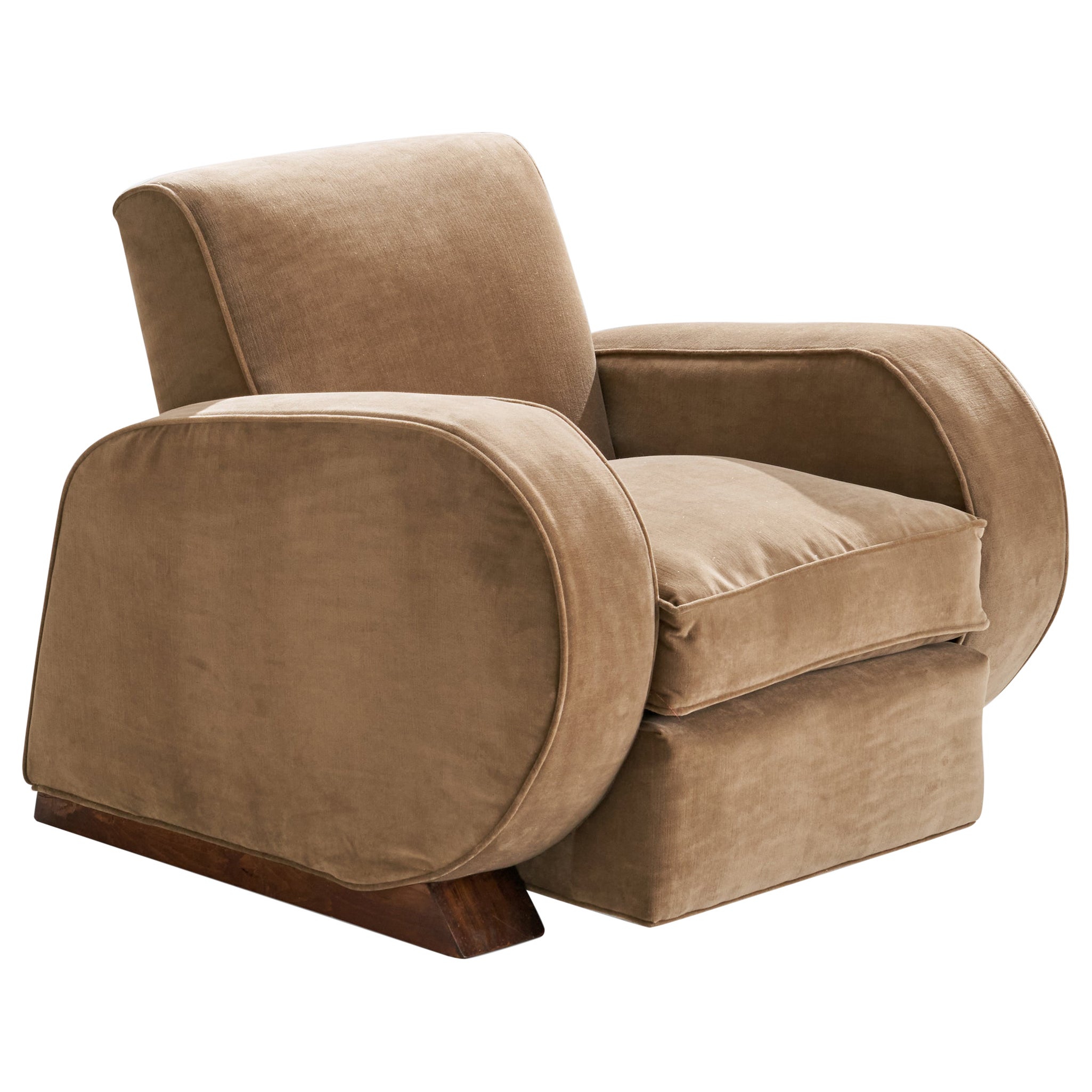 Italienischer Designer, Loungesessel, Italien, Samt, Kiefernholz, Italien, 1930er Jahre