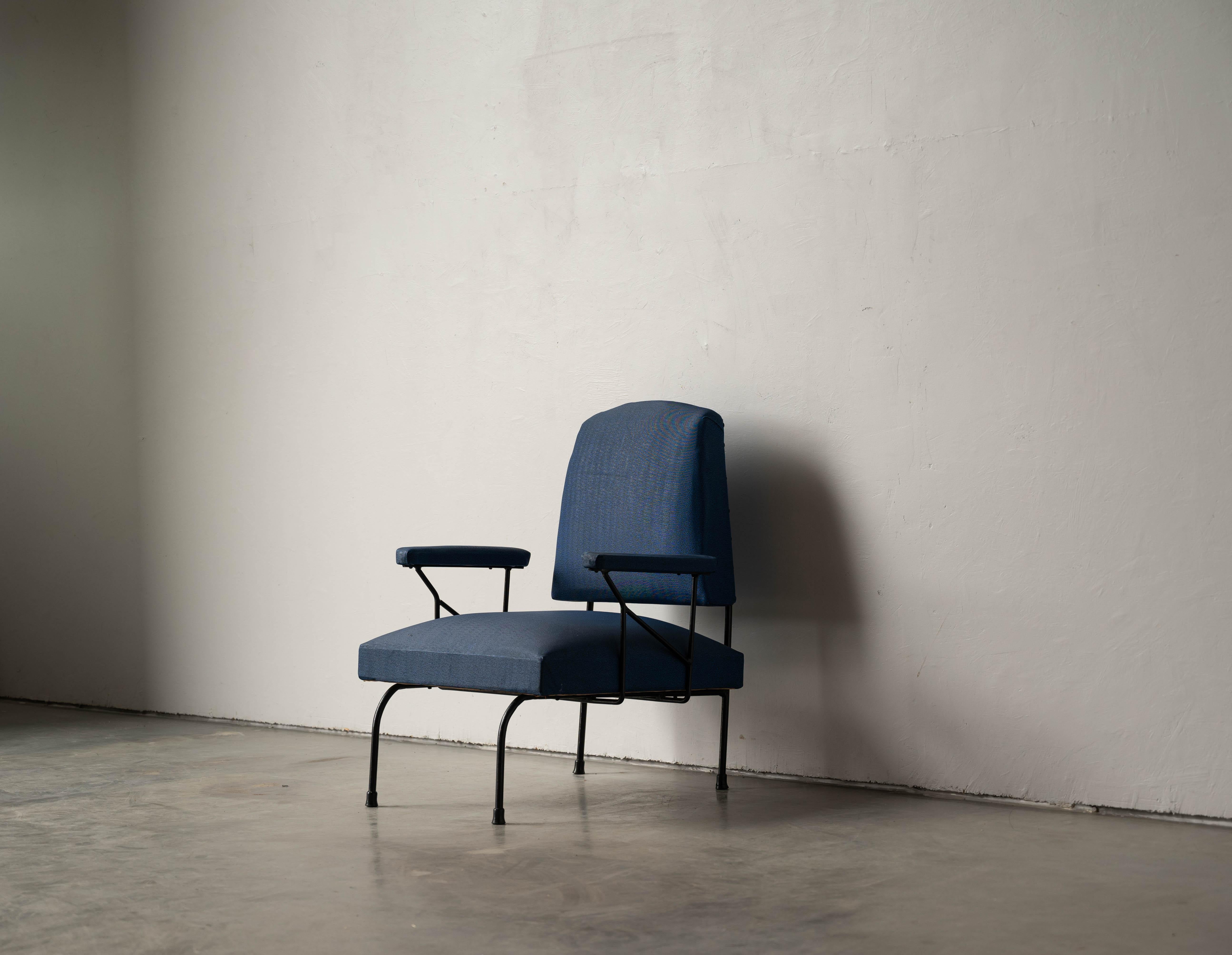 Italian Designer, Lounge Chair, Metal, Blue Fabric Italy, 1940s 5
