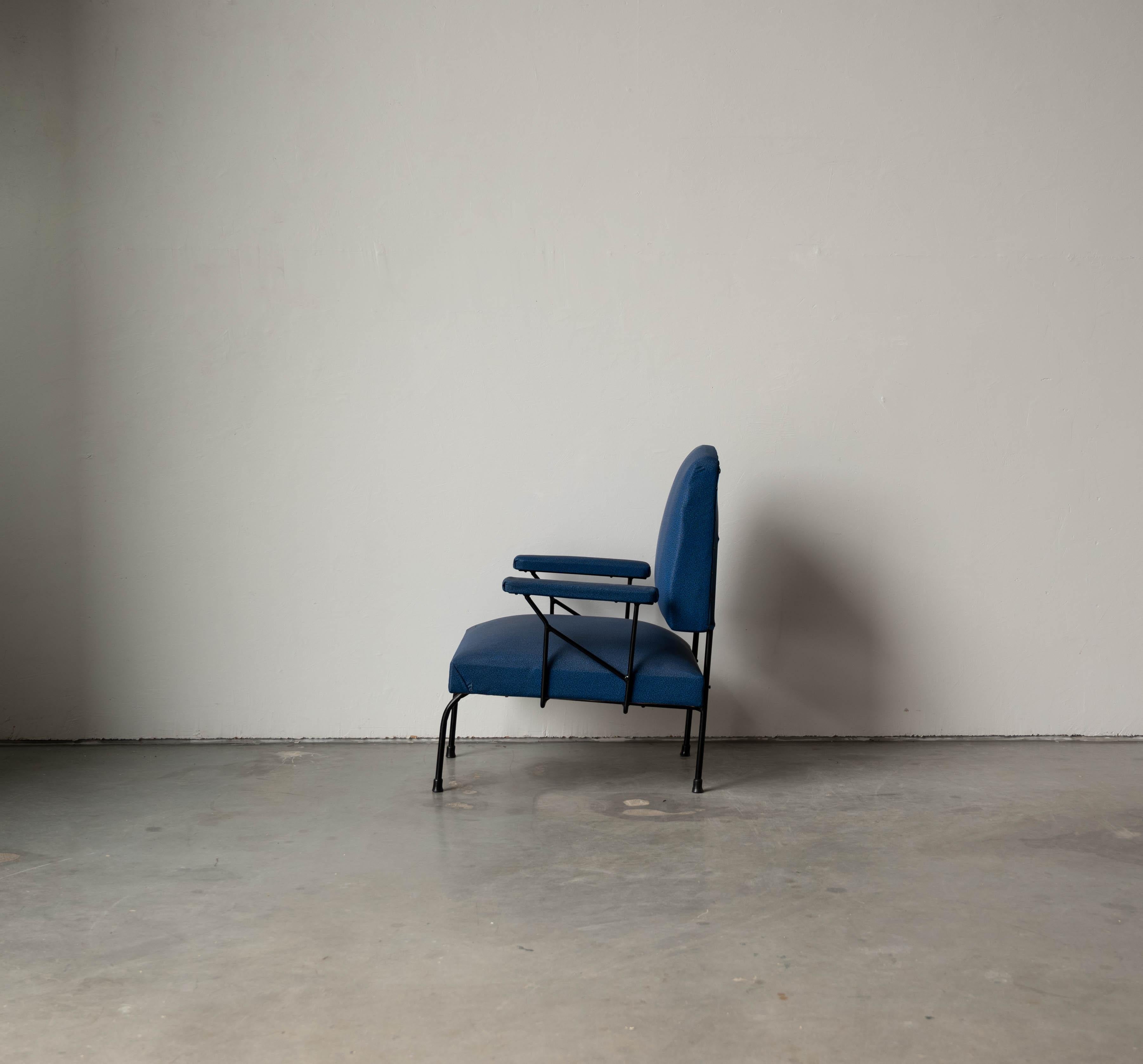 Organic Modern Italian Designer, Lounge Chair, Metal, Blue Fabric Italy, 1940s
